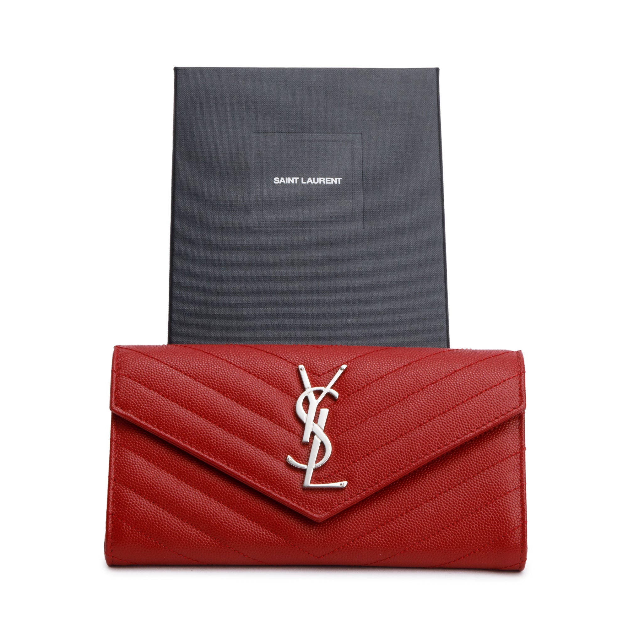 Saint Laurent Red Grain De Poudre Cassandre Matelasse Large Flap Wallet w/ Box