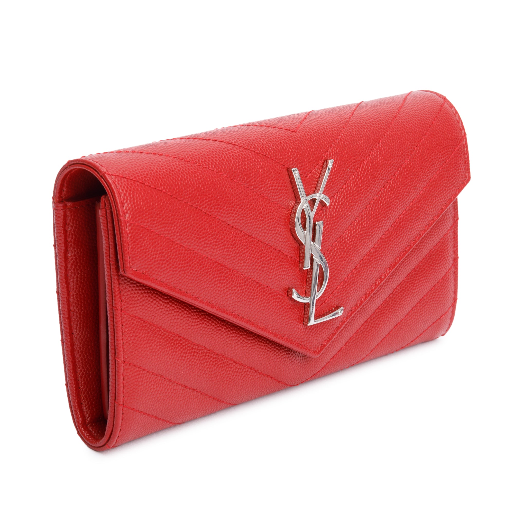 Saint Laurent Red Grain De Poudre Cassandre Matelasse Large Flap Wallet w/ Box