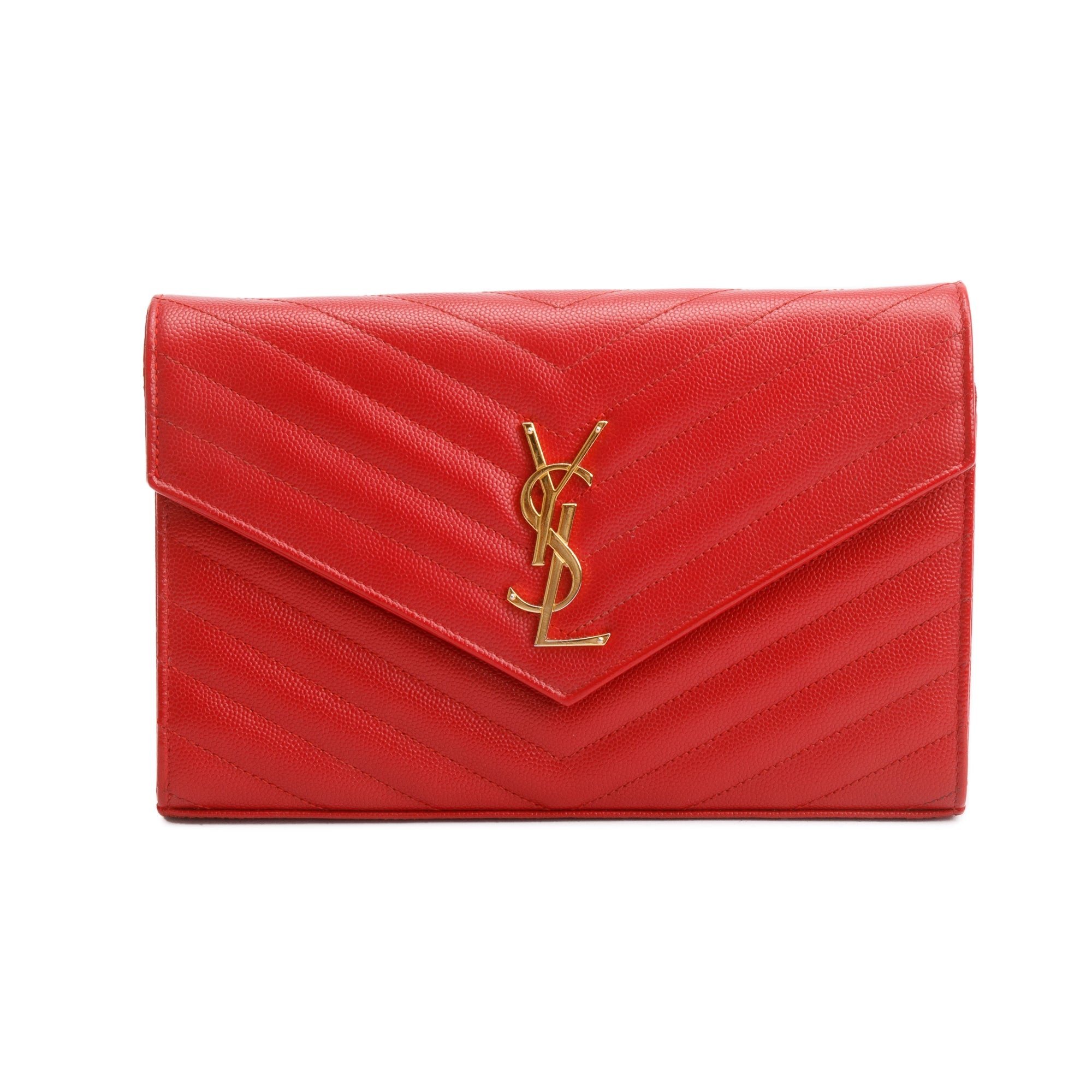 Saint Laurent Red Grain De Poudre Leather Cassandre Matelasse Chain Wallet