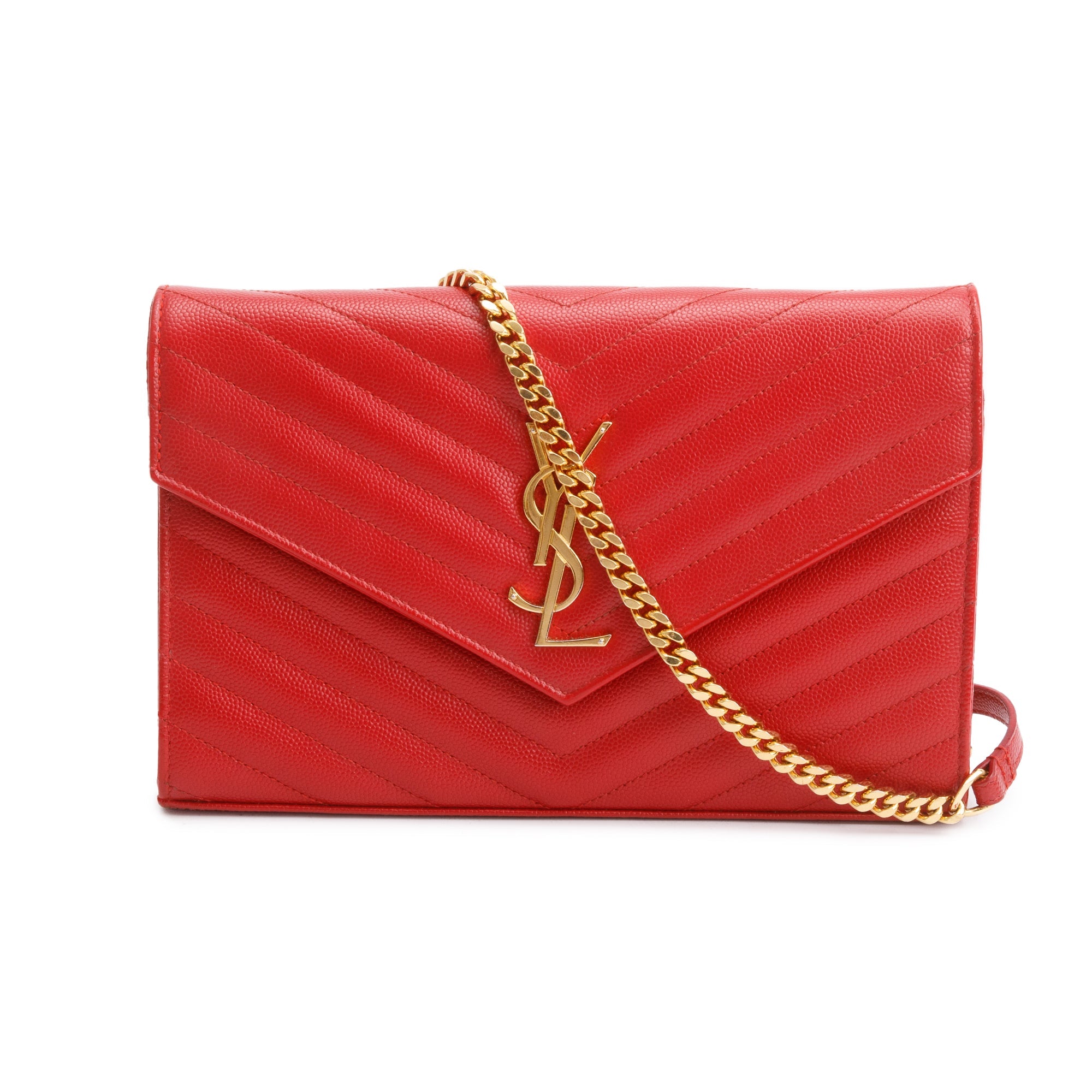 Saint Laurent Red Grain De Poudre Leather Cassandre Matelasse Chain Wallet