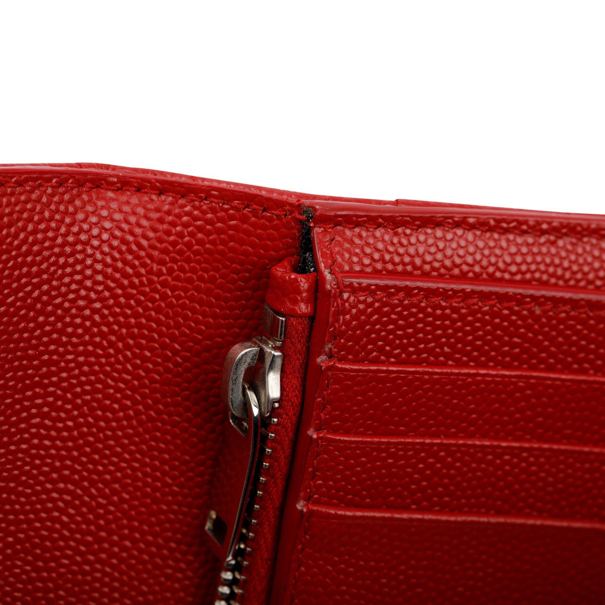 Saint Laurent Red Grain de Poudre Leather Cassandre Matelasse Compact Tri-Fold Wallet