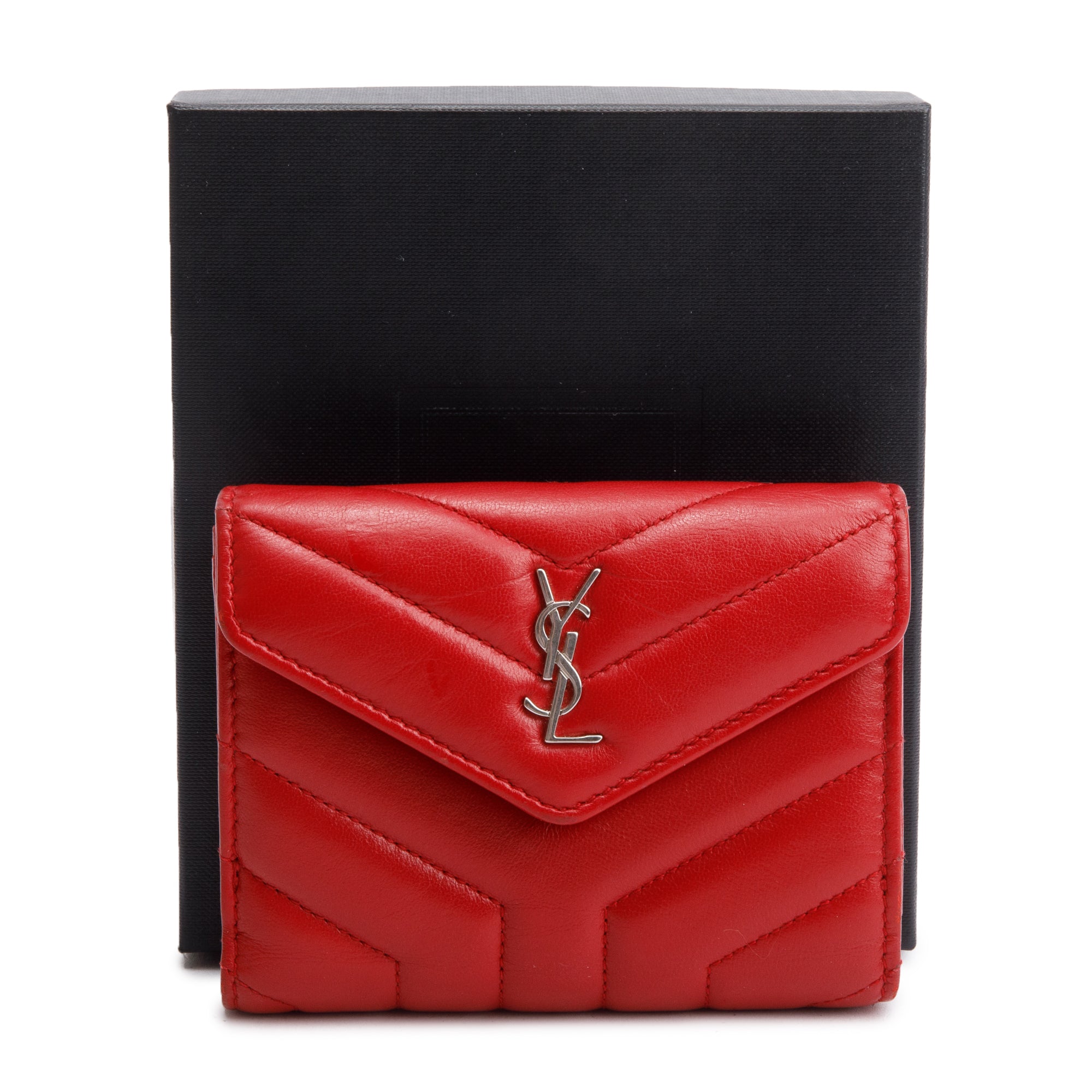 Saint Laurent Red Leather Compact Loulou Wallet w/ Box & Receipt