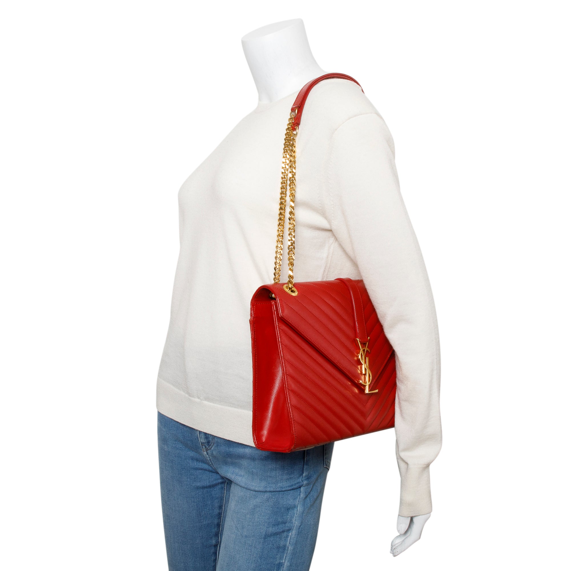 Saint Laurent Red Quilted Grain De Poudre Leather Large Envelope Chain Bag