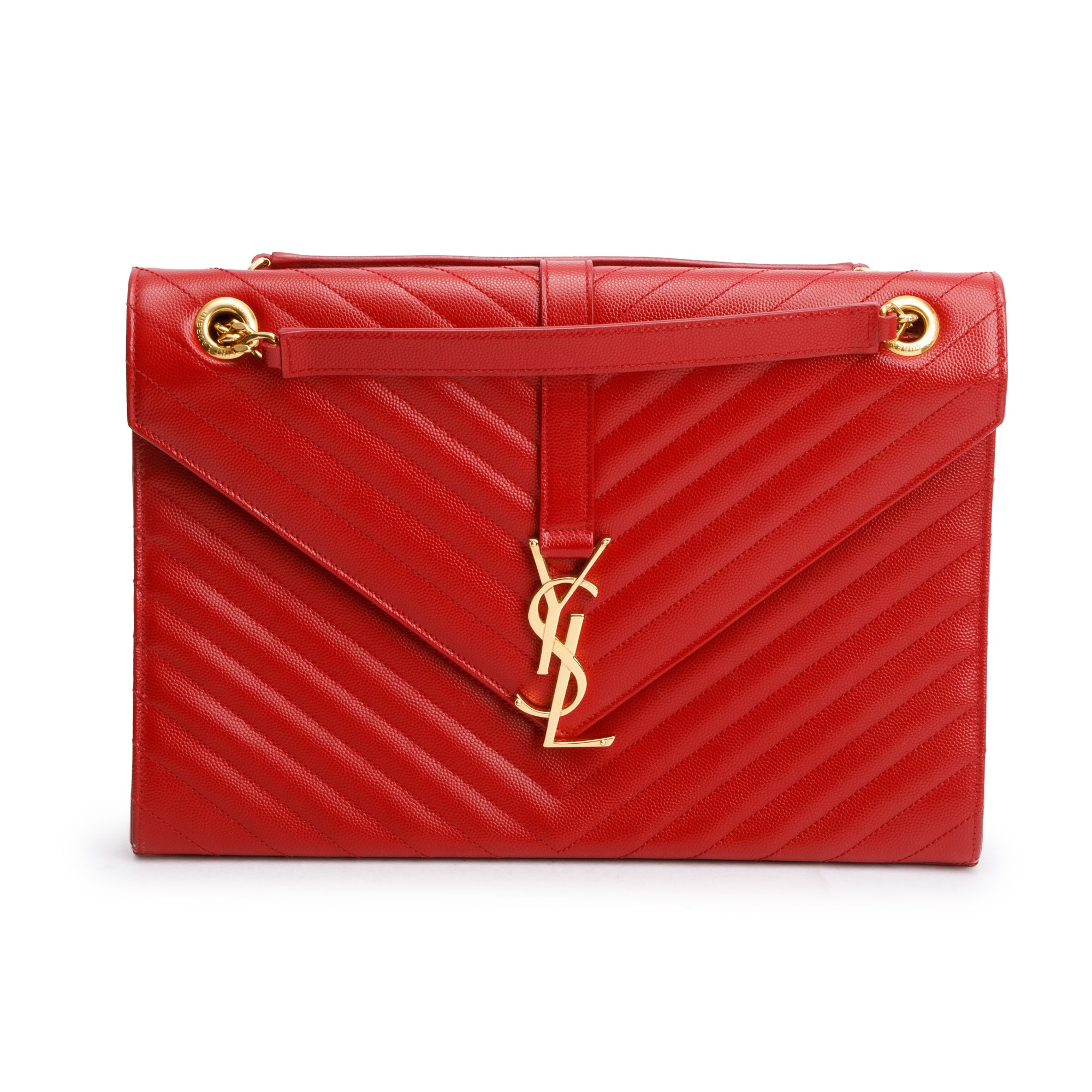 Saint Laurent Red Quilted Grain De Poudre Leather Large Envelope Chain Bag