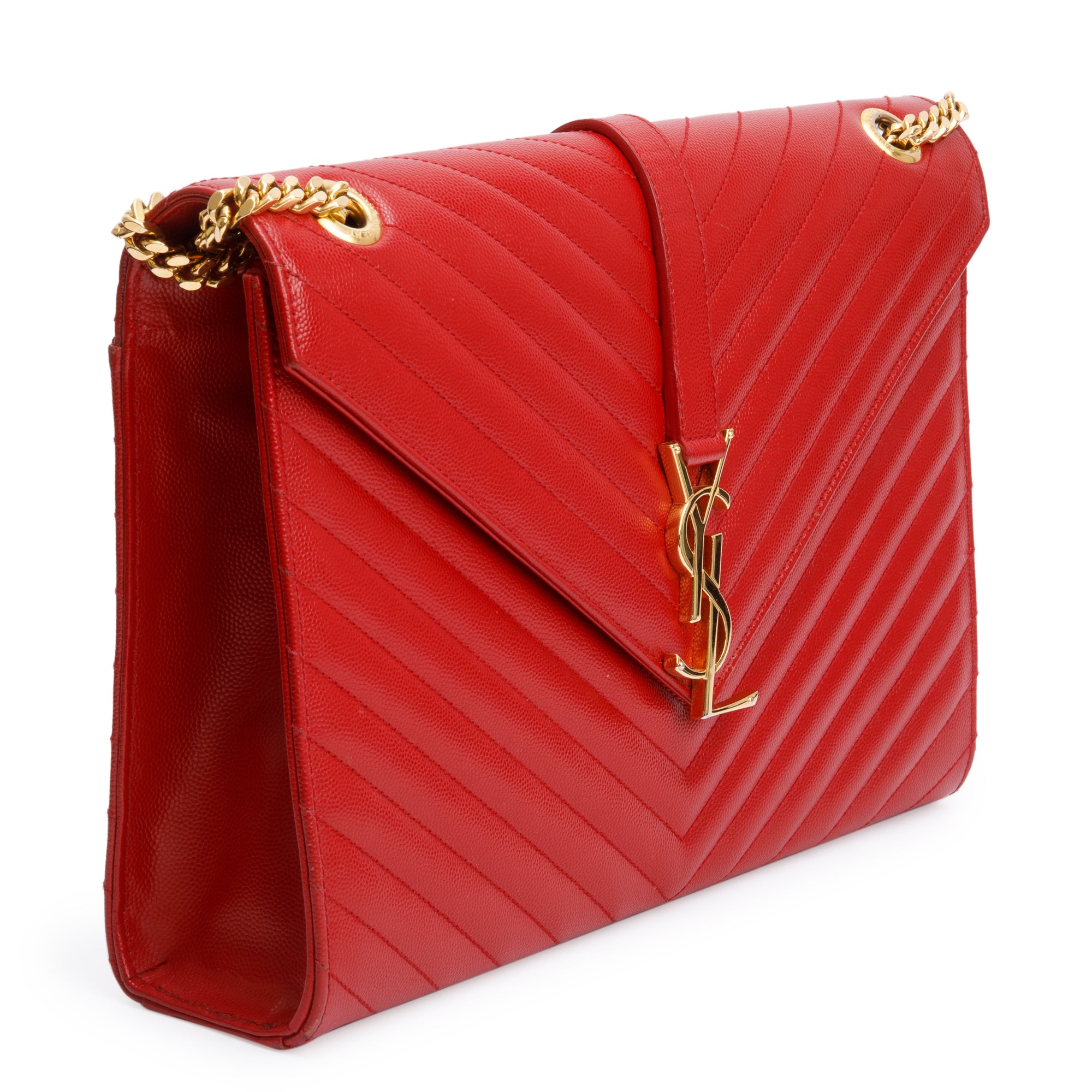 Saint Laurent Red Quilted Grain De Poudre Leather Large Envelope Chain Bag