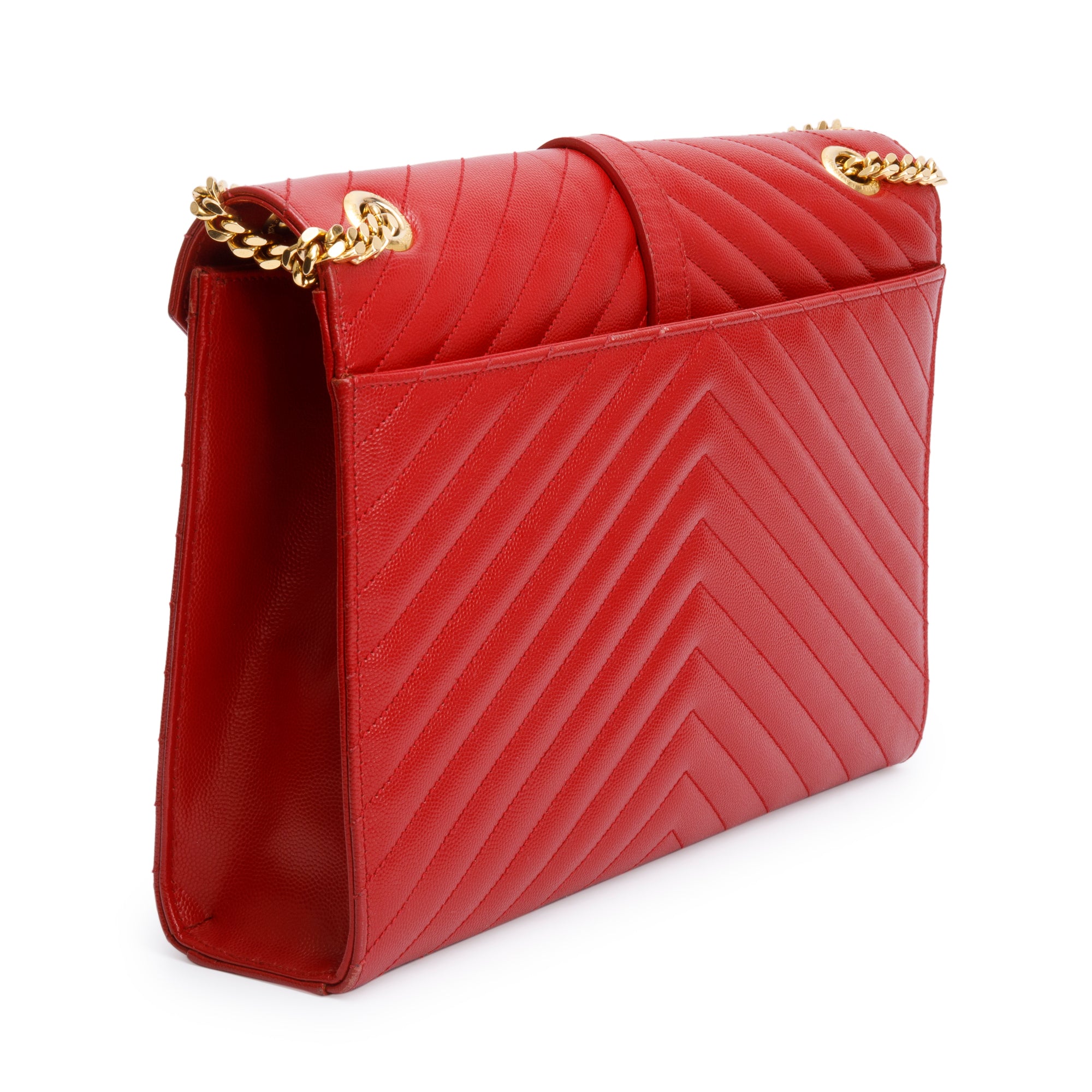 Saint Laurent Red Quilted Grain De Poudre Leather Large Envelope Chain Bag