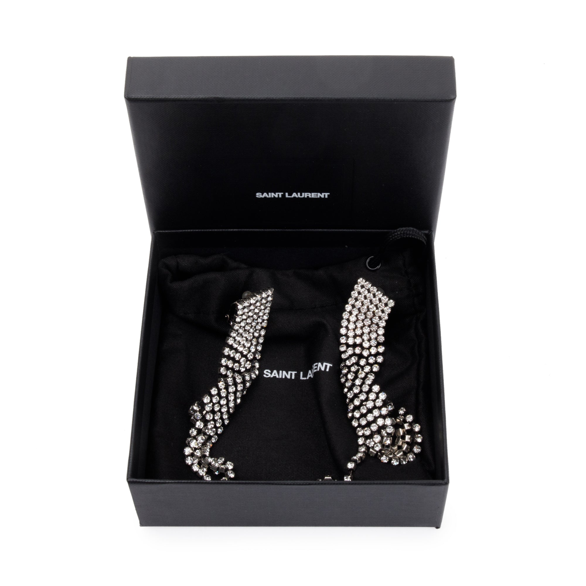 Saint Laurent Silver Metal Crystal Twist Clip On Drop Earrings w/ Box