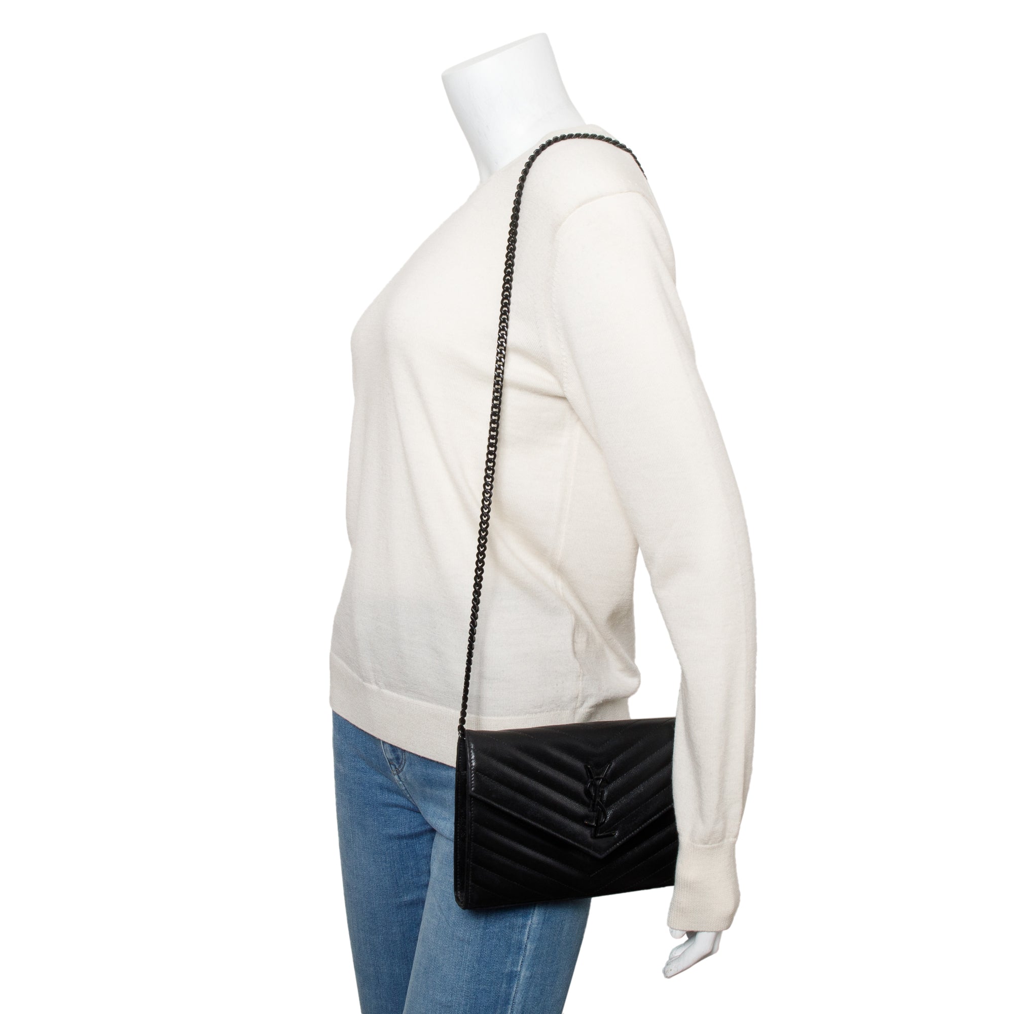 Saint Laurent So Black Grain De Poudre Leather Classic Cassandre Envelope Chain Wallet w/ Box