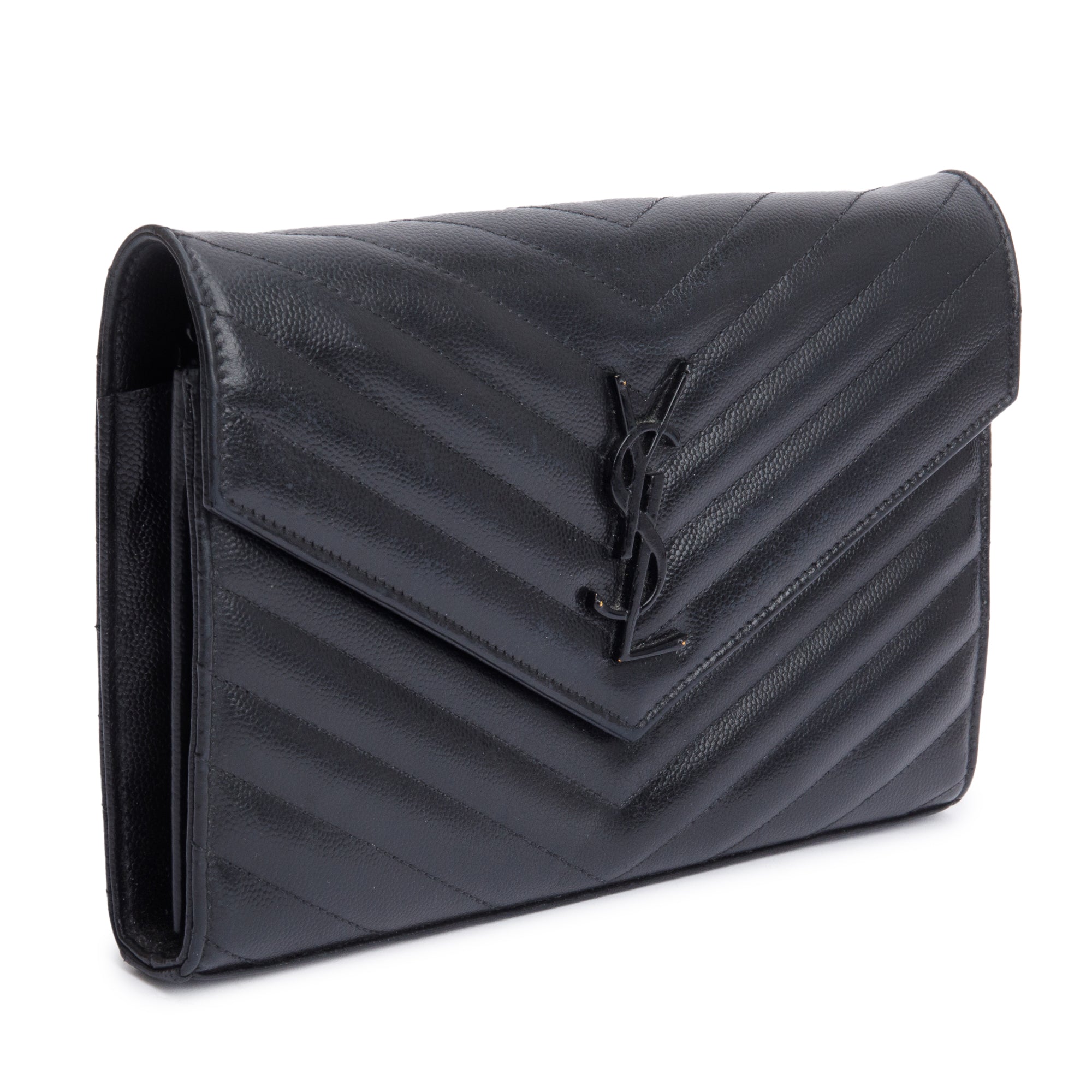 Saint Laurent So Black Grain De Poudre Leather Classic Cassandre Envelope Chain Wallet w/ Box