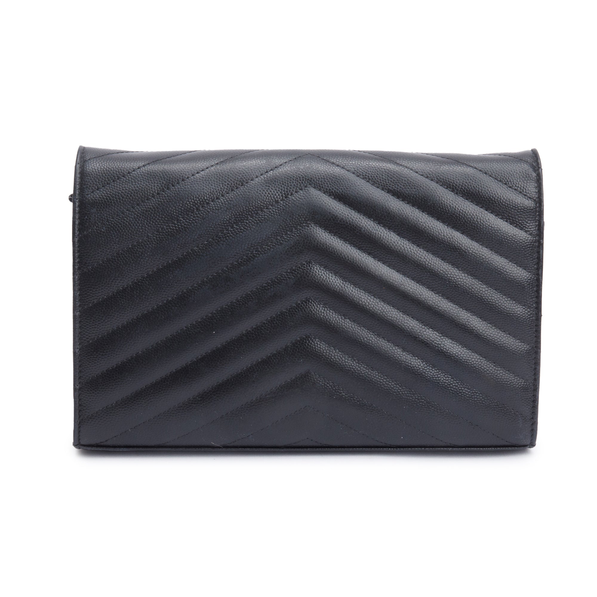 Saint Laurent So Black Grain De Poudre Leather Classic Cassandre Envelope Chain Wallet w/ Box