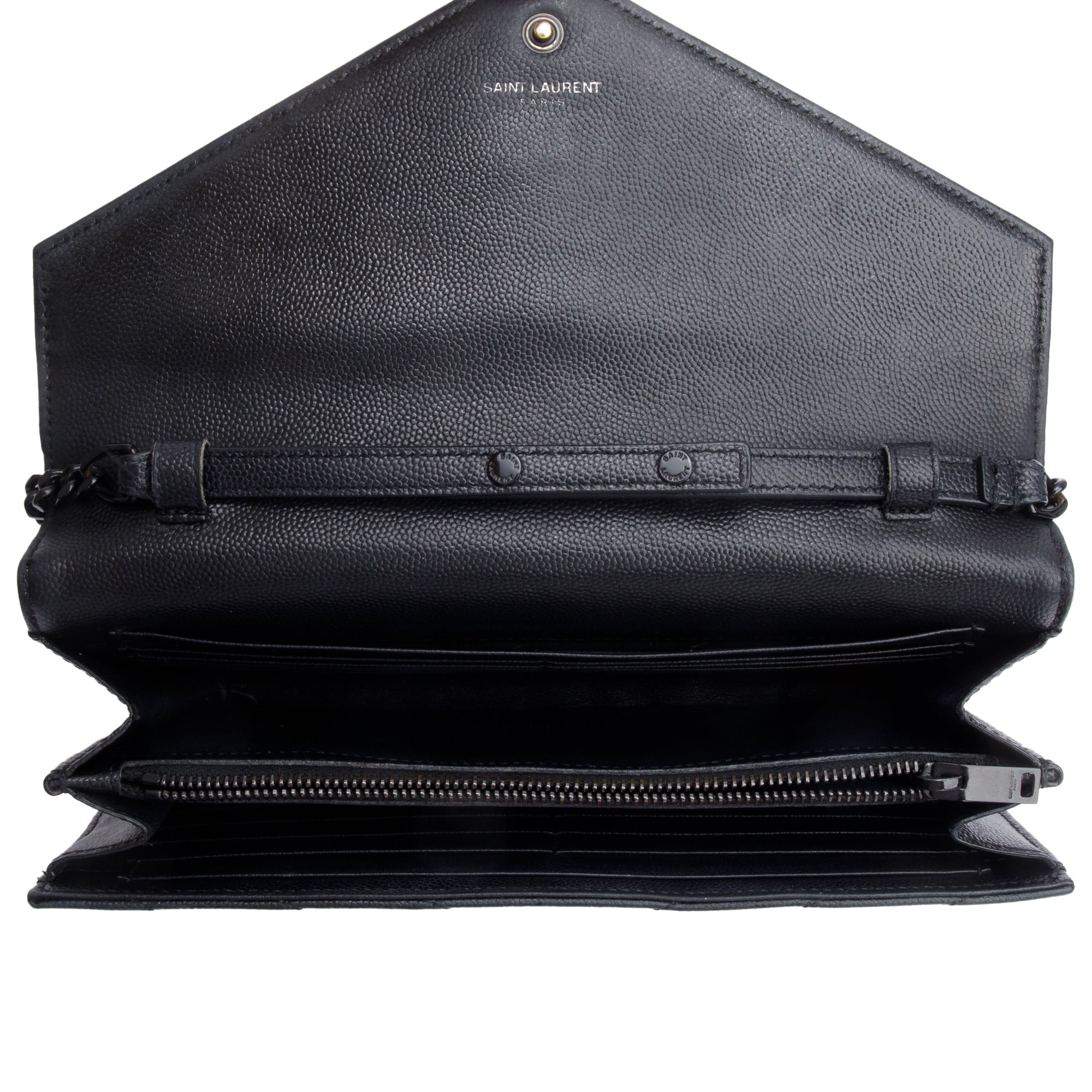 Saint Laurent So Black Grain De Poudre Leather Classic Cassandre Envelope Chain Wallet w/ Box