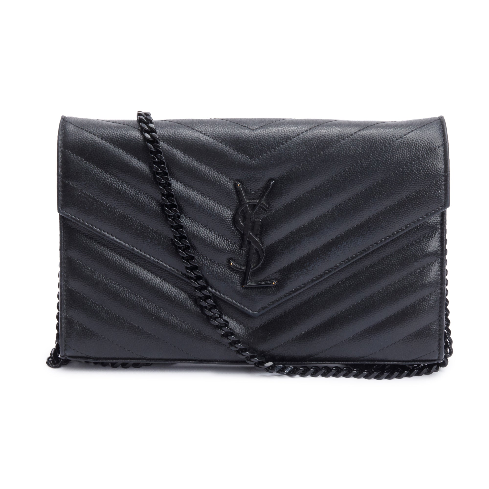 Saint Laurent So Black Grain De Poudre Leather Classic Cassandre Envelope Chain Wallet w/ Box