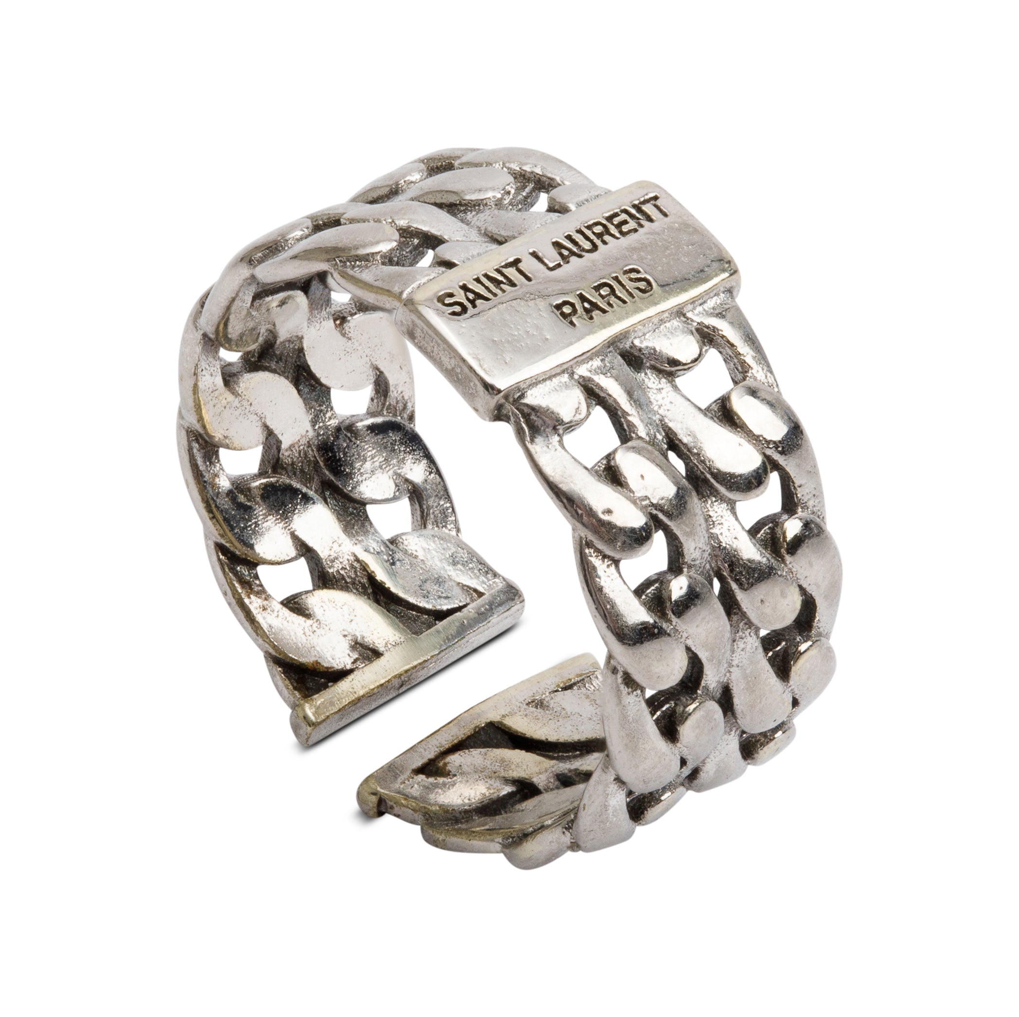 Saint Laurent Sterling Silver Logo Engraved Chain Ring, Size 6.5
