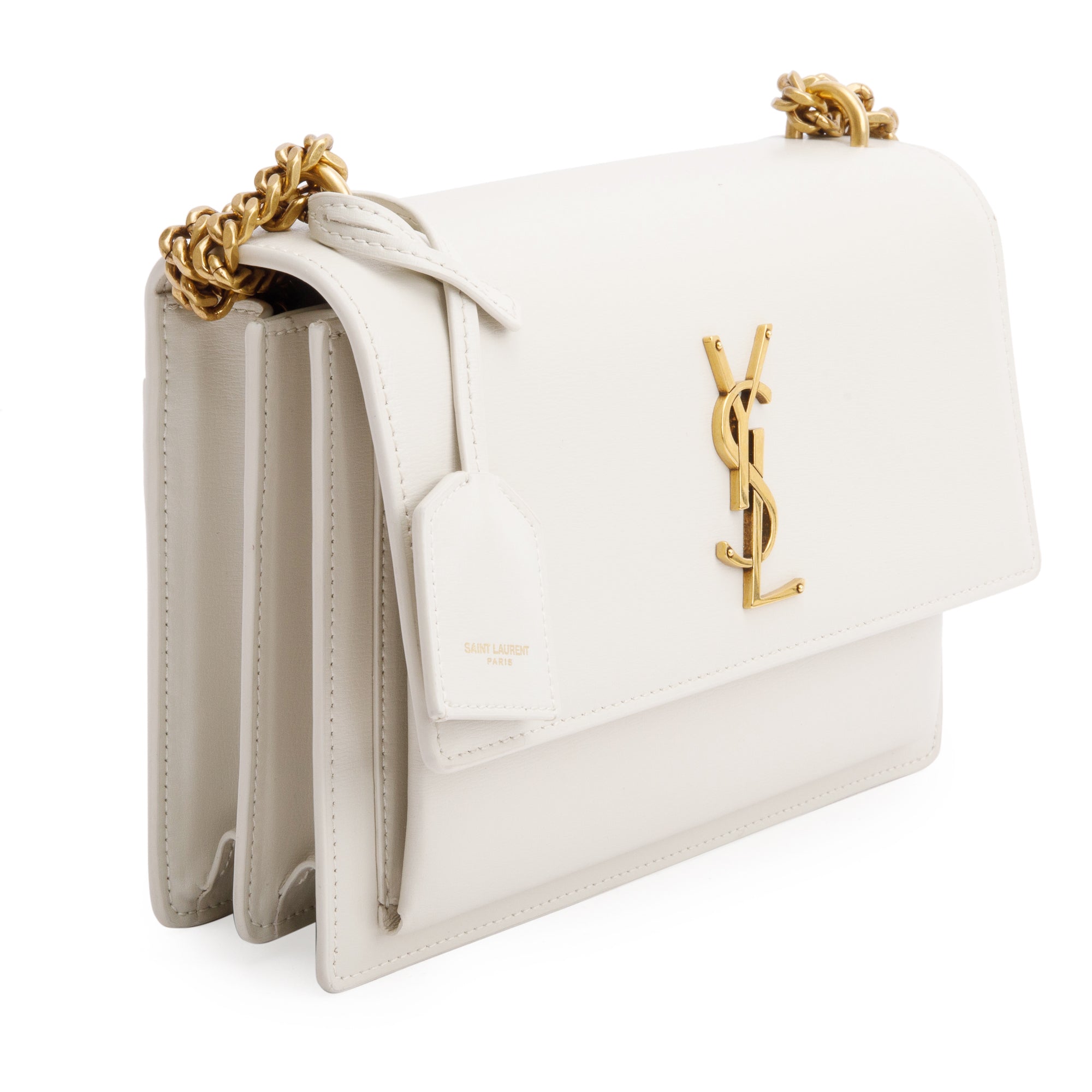 Saint Laurent White Calfskin Leather Medium Sunset Shoulder Bag w/ Box