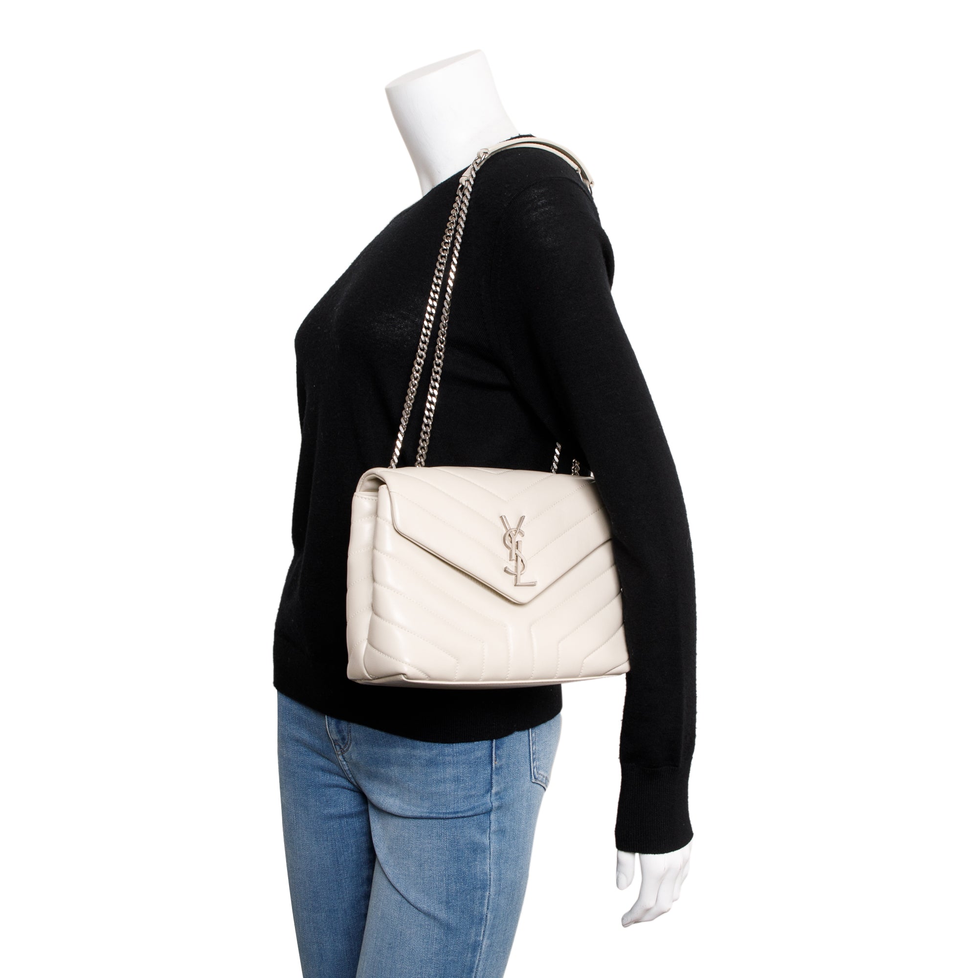 Saint Laurent White Calfskin Leather Small Loulou Monogram Shoulder Bag