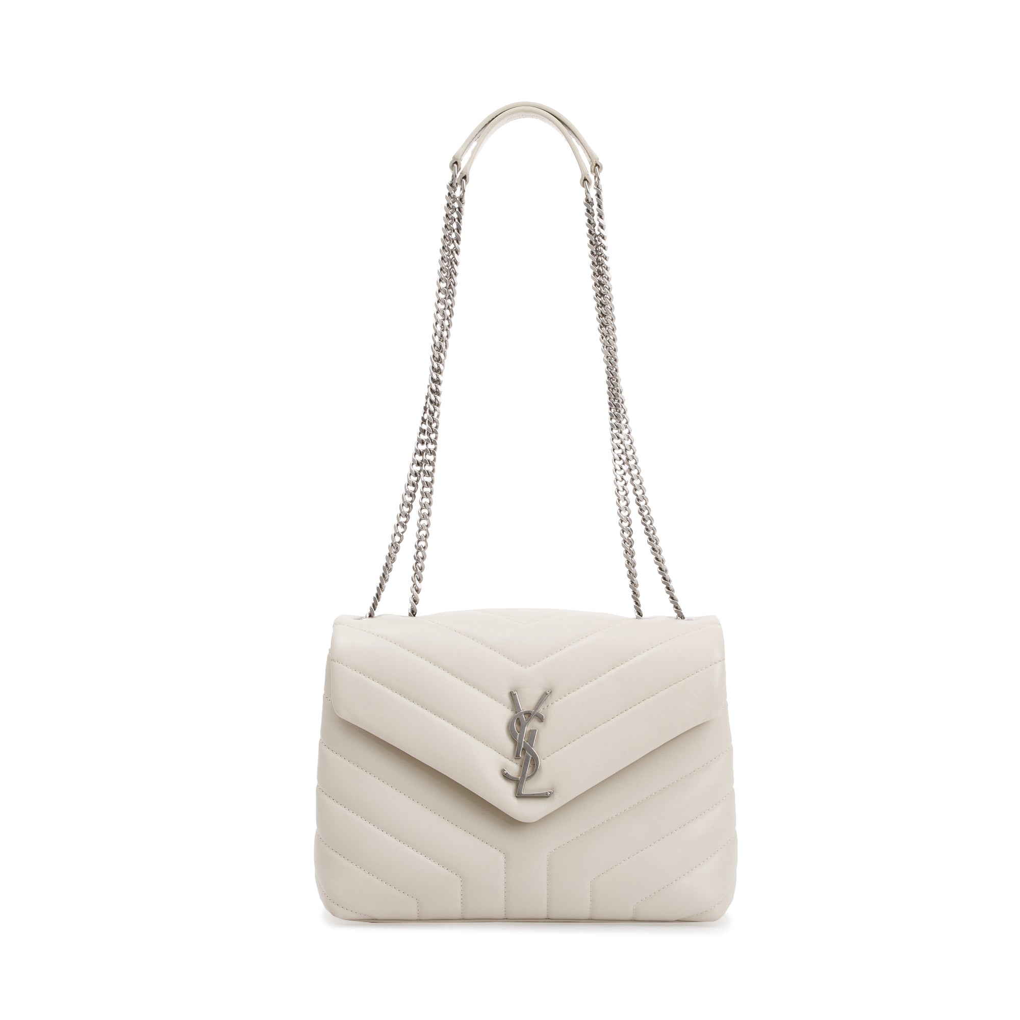 Saint Laurent White Calfskin Leather Small Loulou Monogram Shoulder Bag