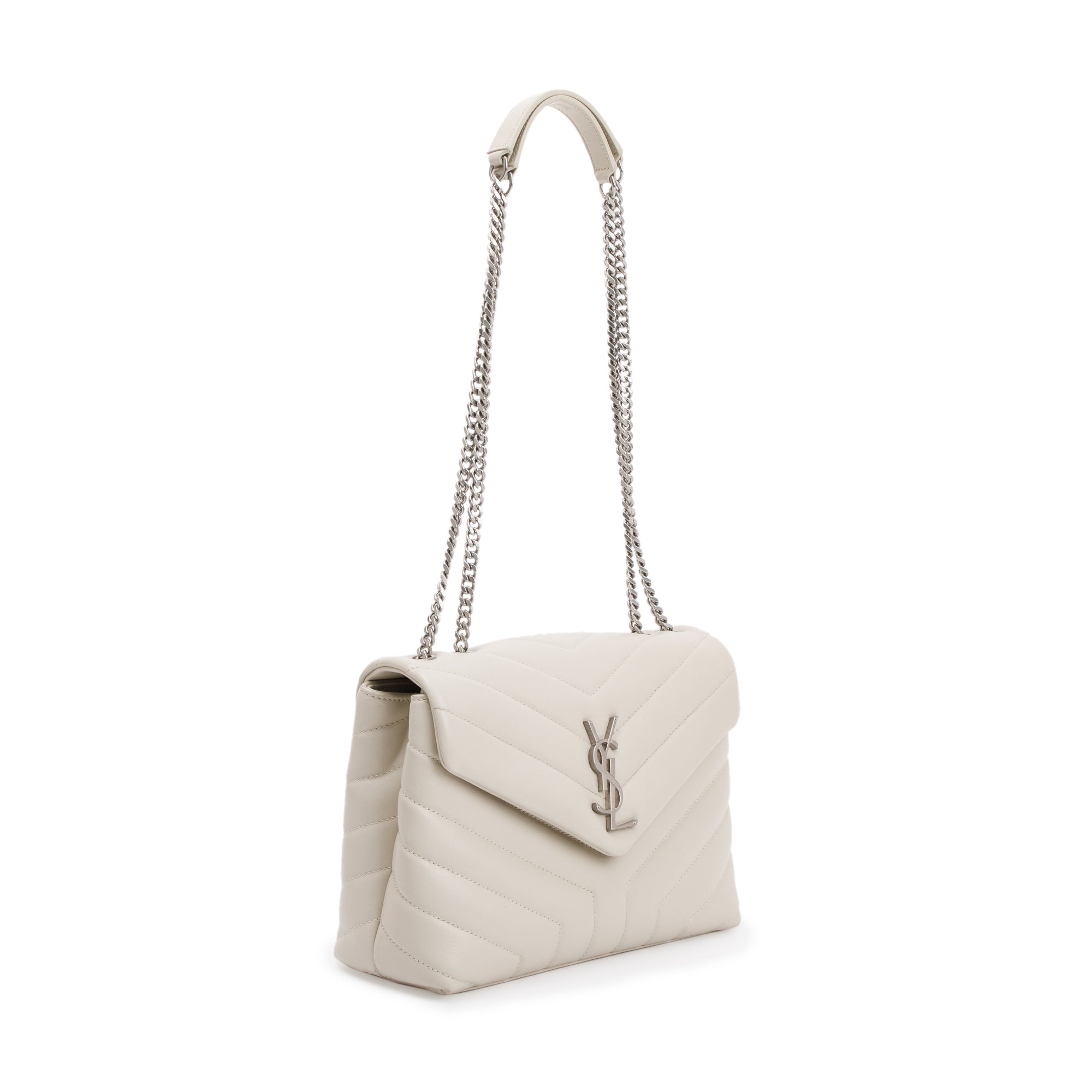 Saint Laurent White Calfskin Leather Small Loulou Monogram Shoulder Bag