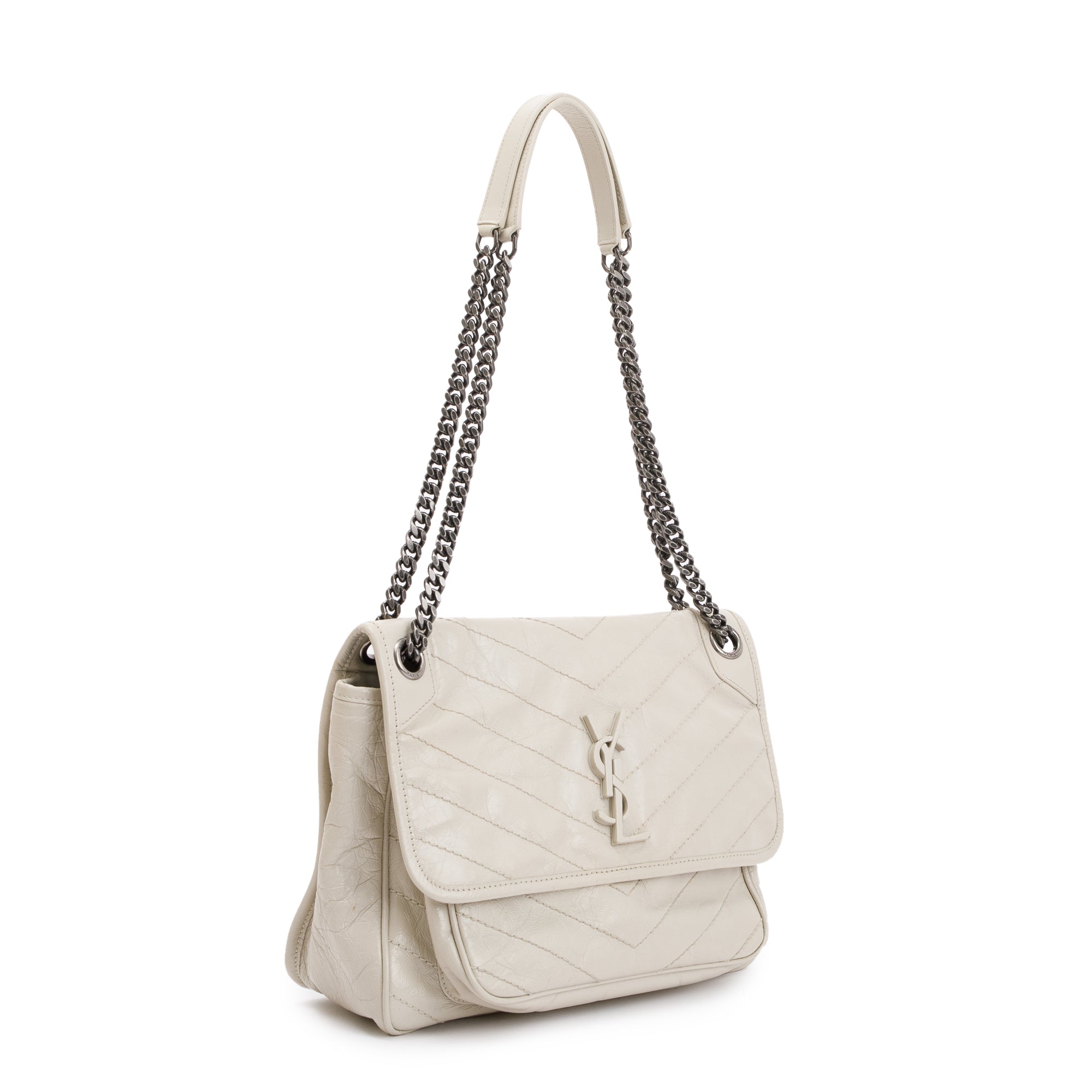 Saint Laurent White Crinkled Calfskin Leather Medium Niki Shoulder Bag