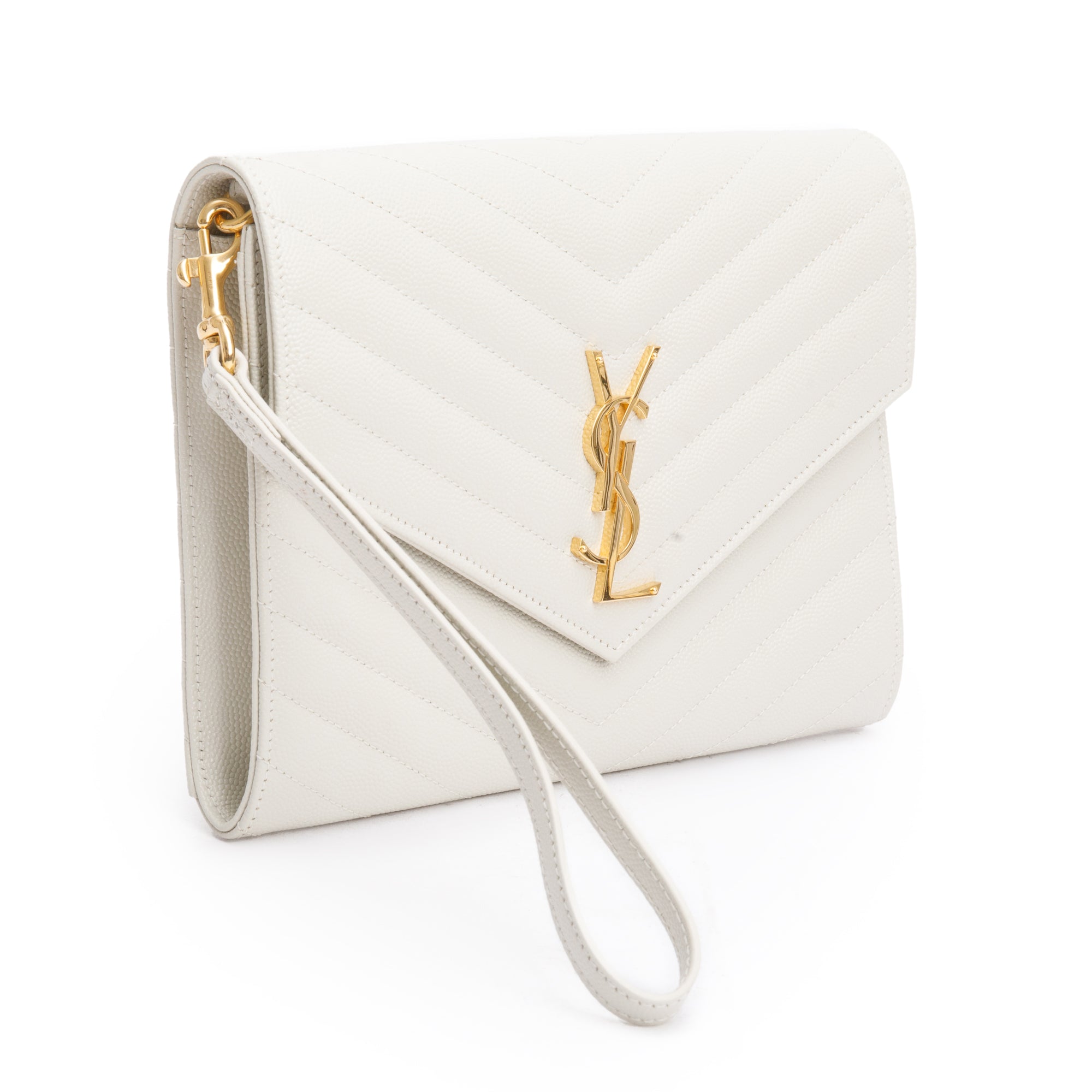 Saint Laurent White Grain de Poudre Matelasse Leather Cassandre Flap Wristlet Pouch w/ Receipt