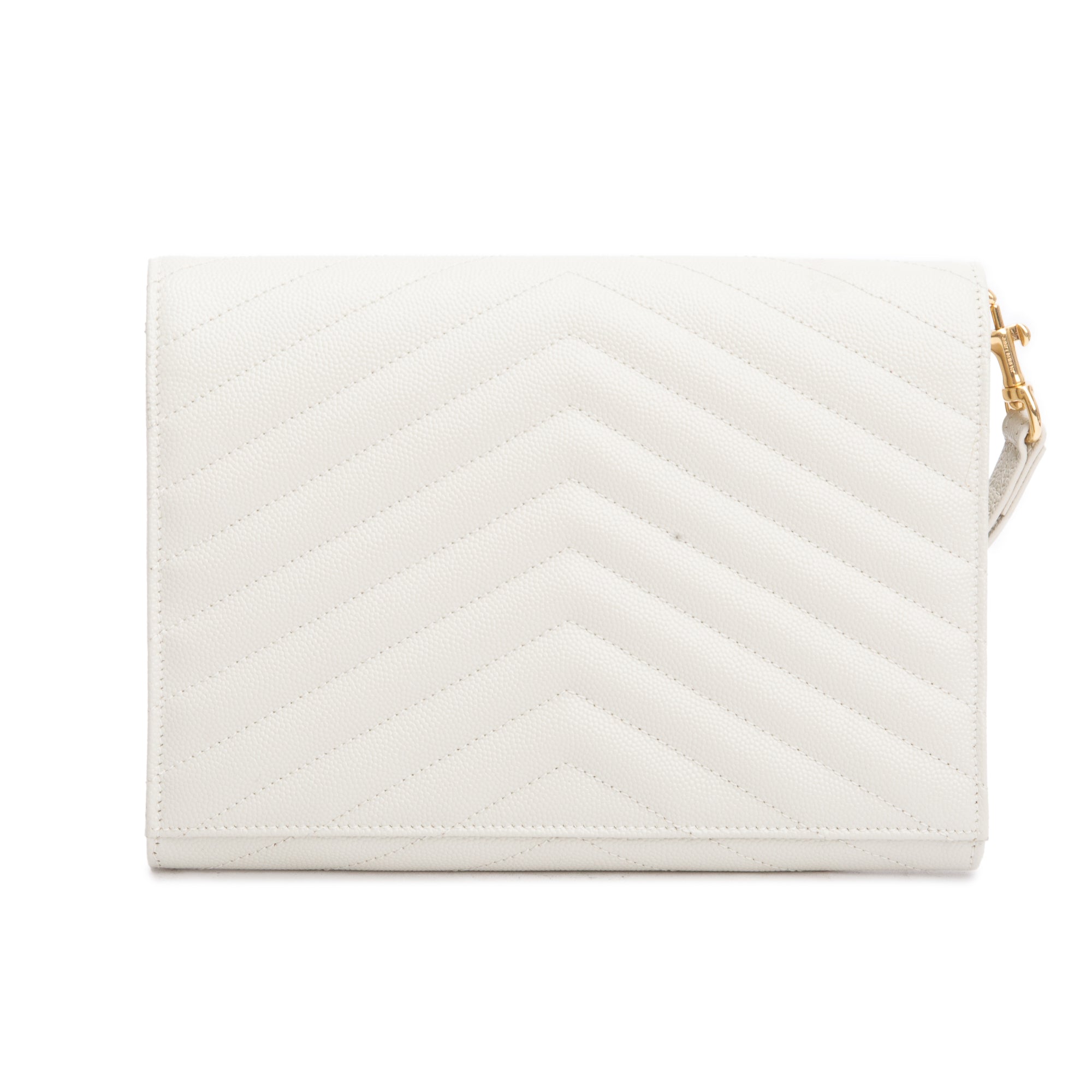 Saint Laurent White Grain de Poudre Matelasse Leather Cassandre Flap Wristlet Pouch w/ Receipt