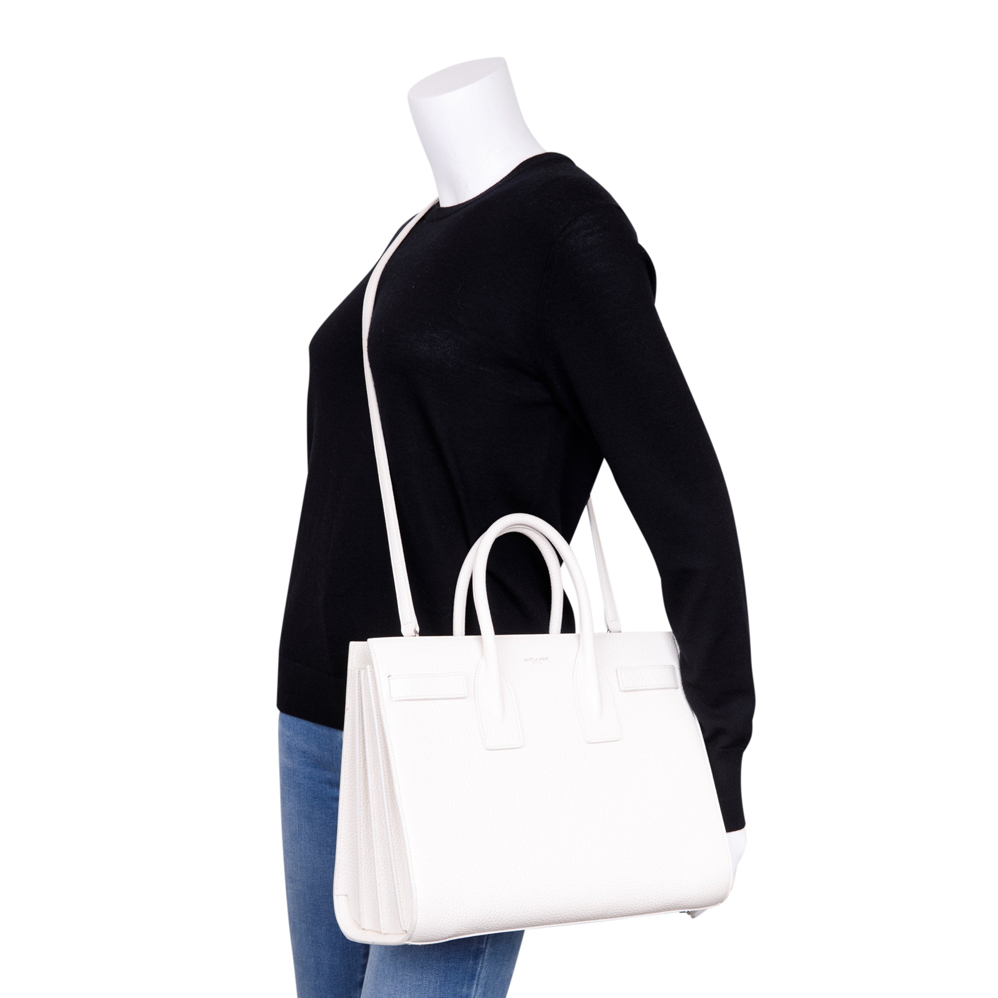 Saint Laurent White Grained Calfskin Small Sac De Jour w/ Strap
