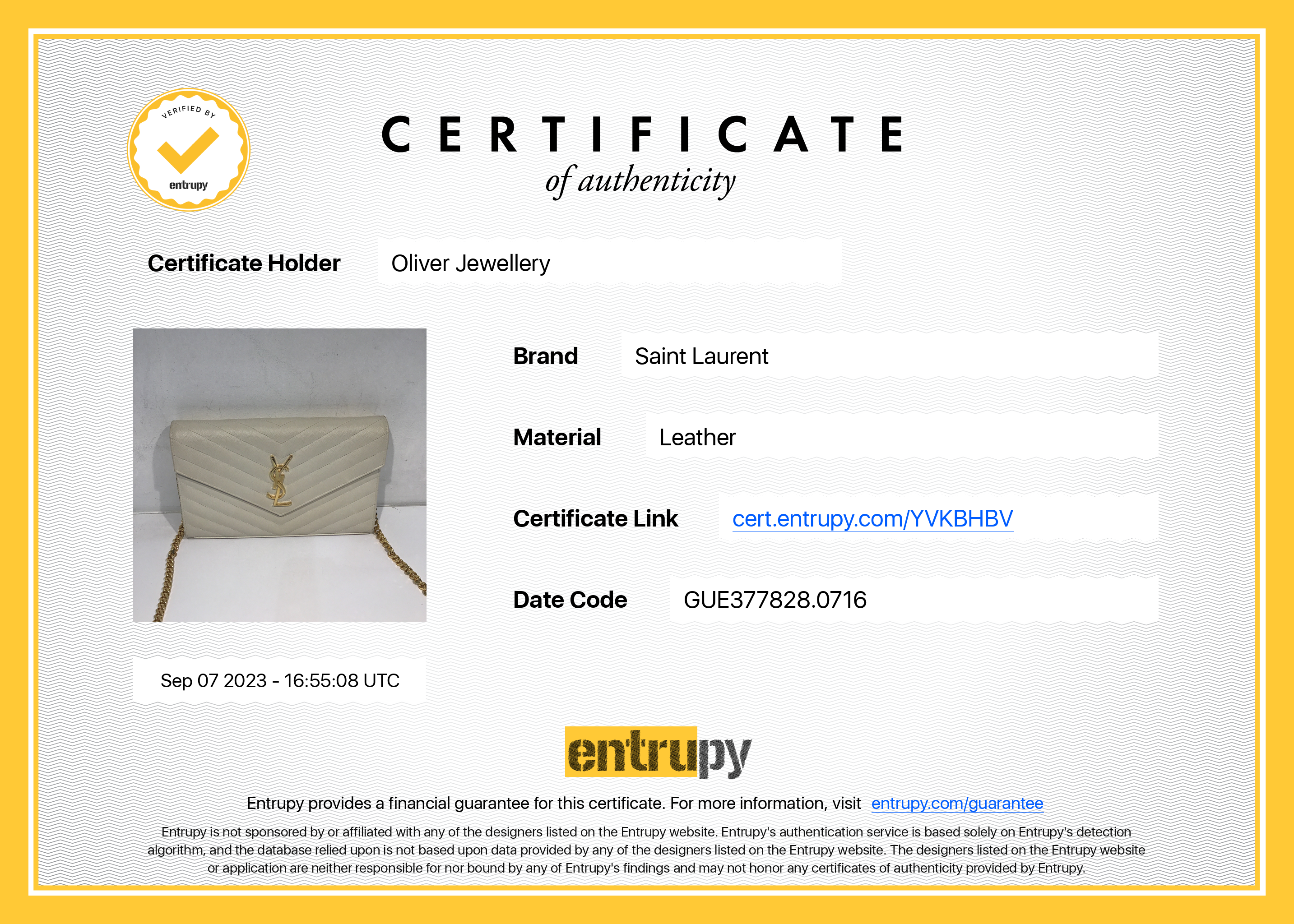 Saint Laurent White Grained de Poudre Cassandre Matelasse Chain Wallet