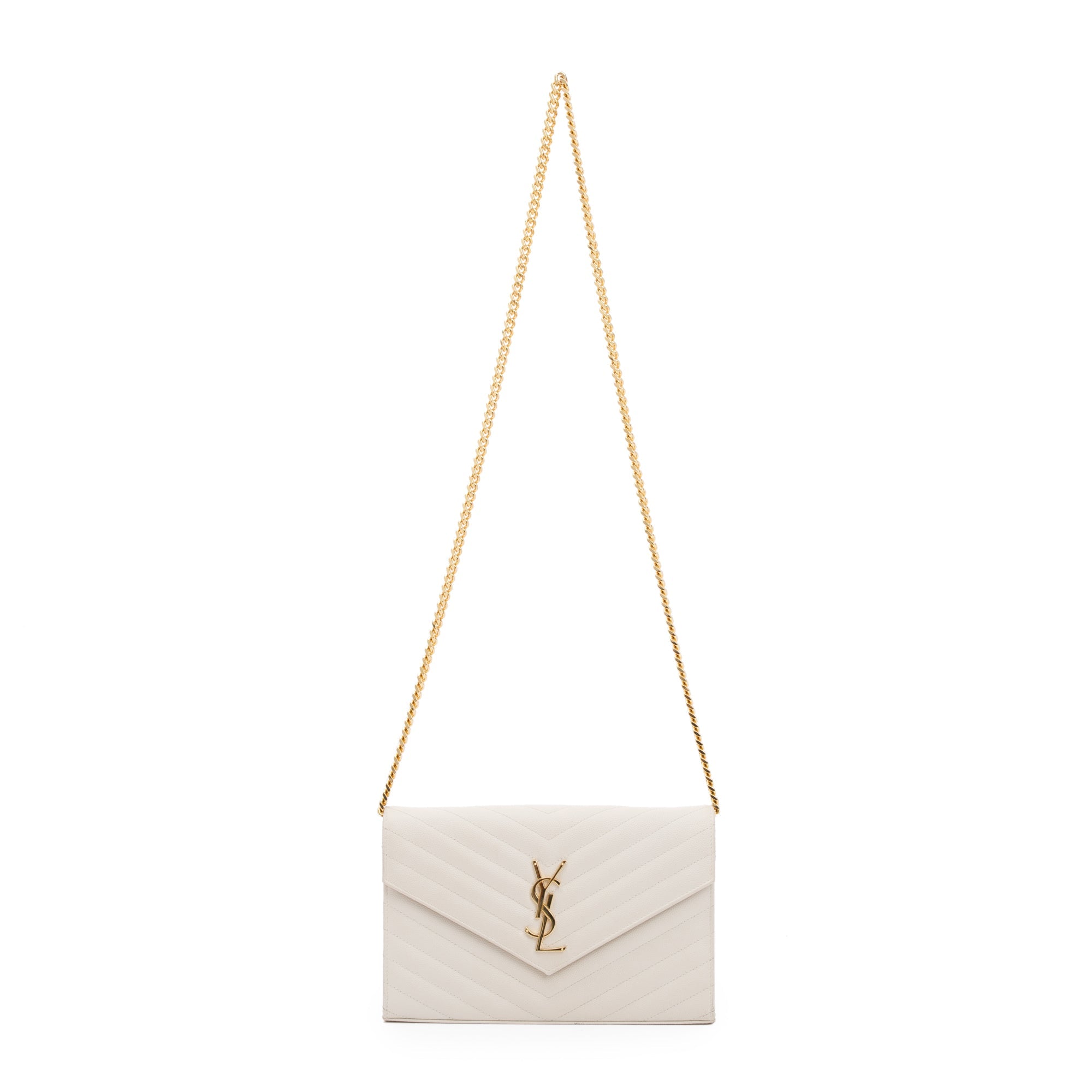 Saint Laurent White Grained de Poudre Cassandre Matelasse Chain Wallet