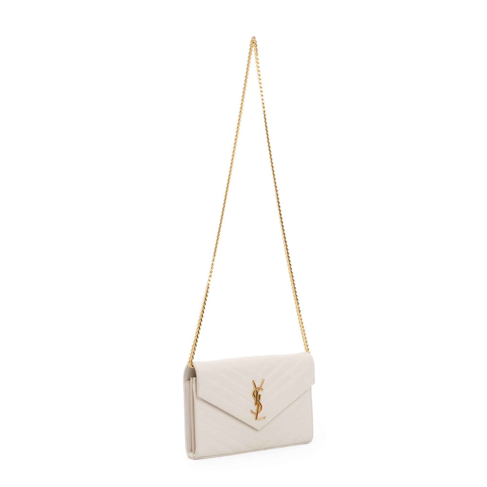 Saint Laurent White Grained de Poudre Cassandre Matelasse Chain Wallet