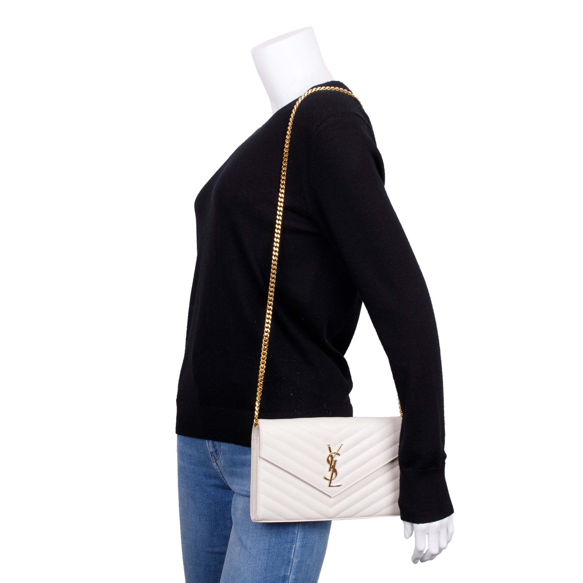 Saint Laurent White Grained de Poudre Cassandre Matelasse Chain Wallet