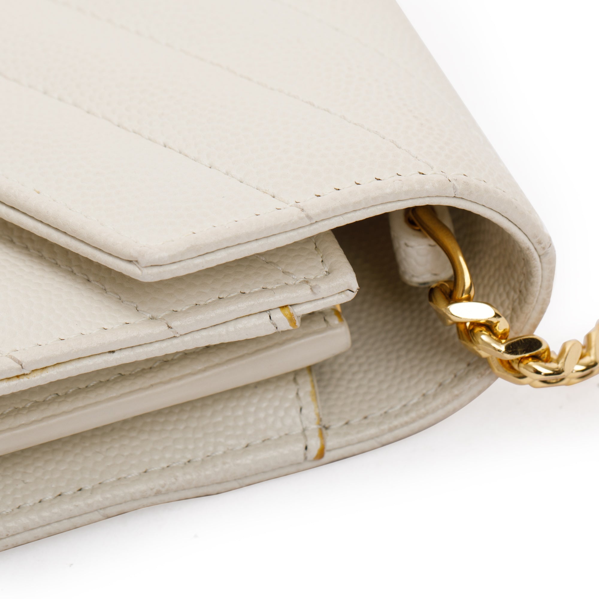 Saint Laurent White Grained de Poudre Cassandre Matelasse Chain Wallet