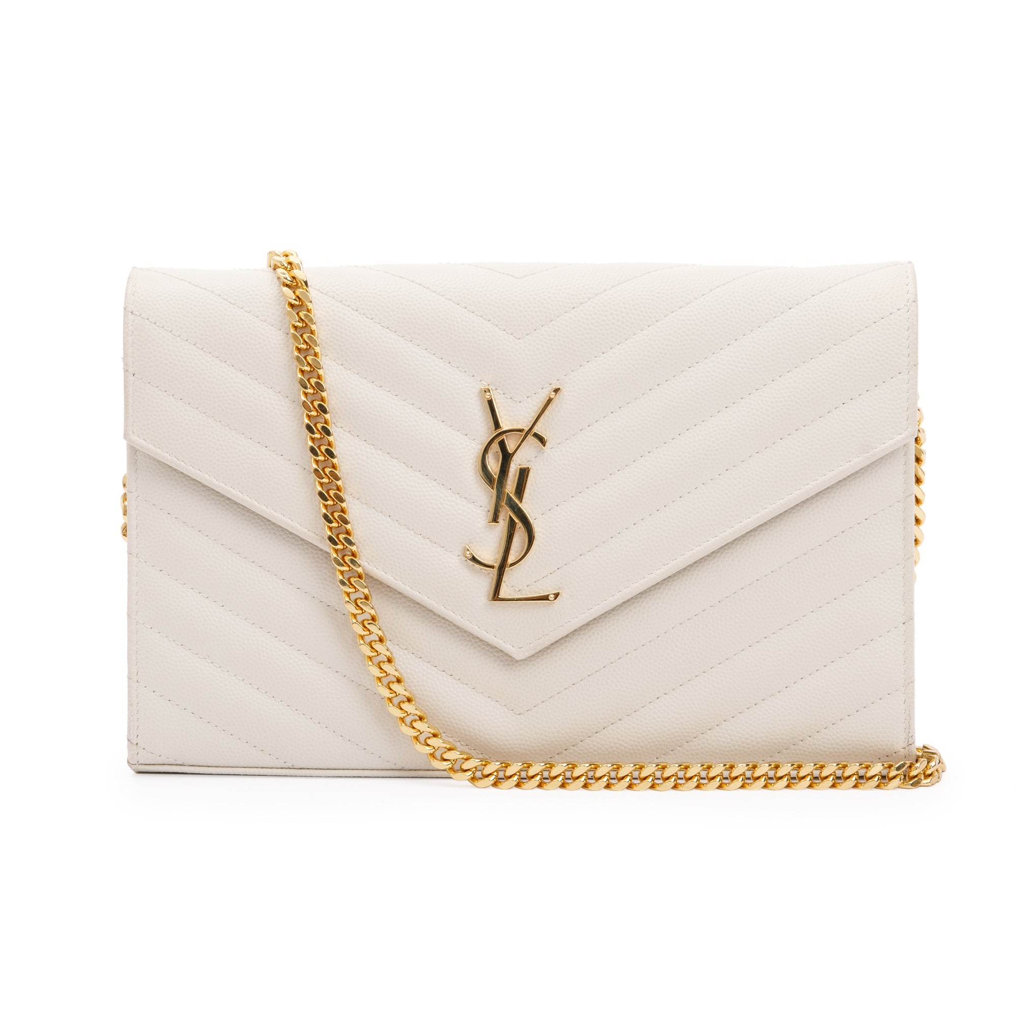 Saint Laurent White Grained de Poudre Cassandre Matelasse Chain Wallet