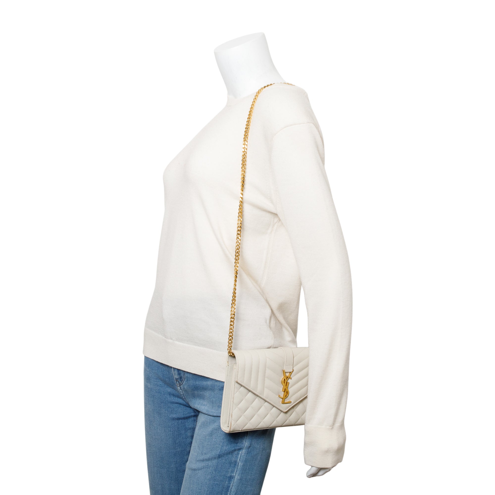 Saint Laurent White Mix Matelasse Grain De Poudre Leather Envelope Chain Wallet