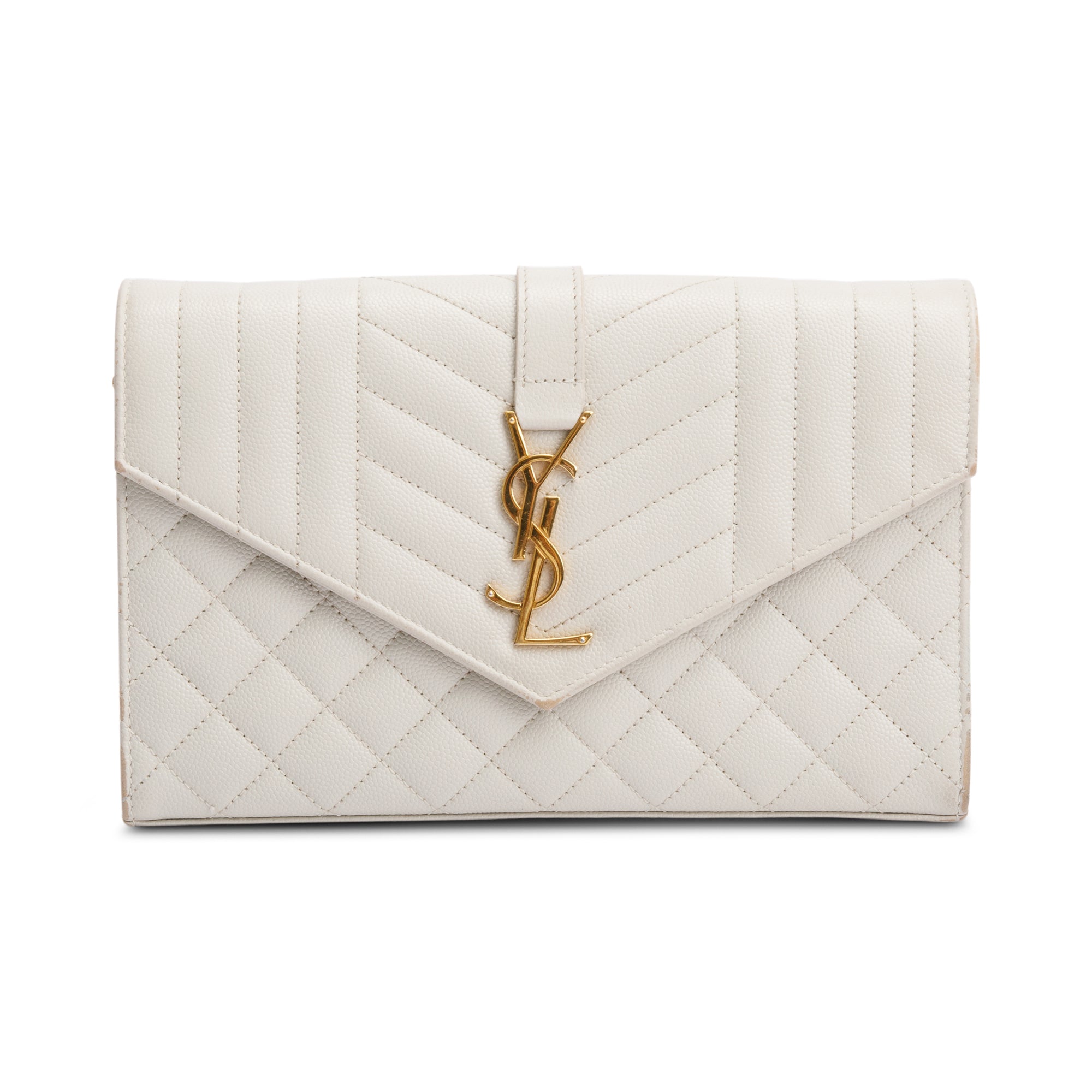 Saint Laurent White Mix Matelasse Grain De Poudre Leather Envelope Chain Wallet