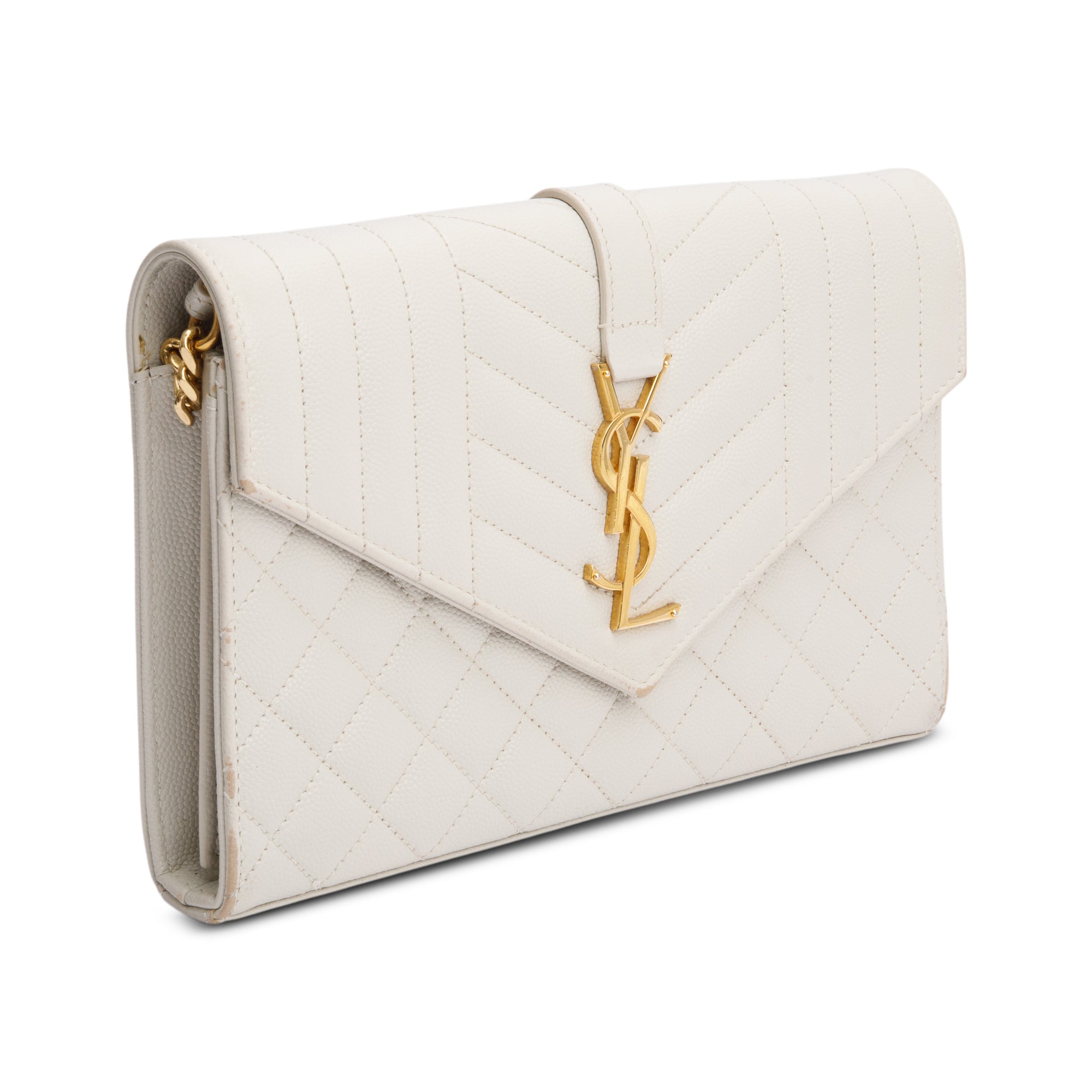 Saint Laurent White Mix Matelasse Grain De Poudre Leather Envelope Chain Wallet