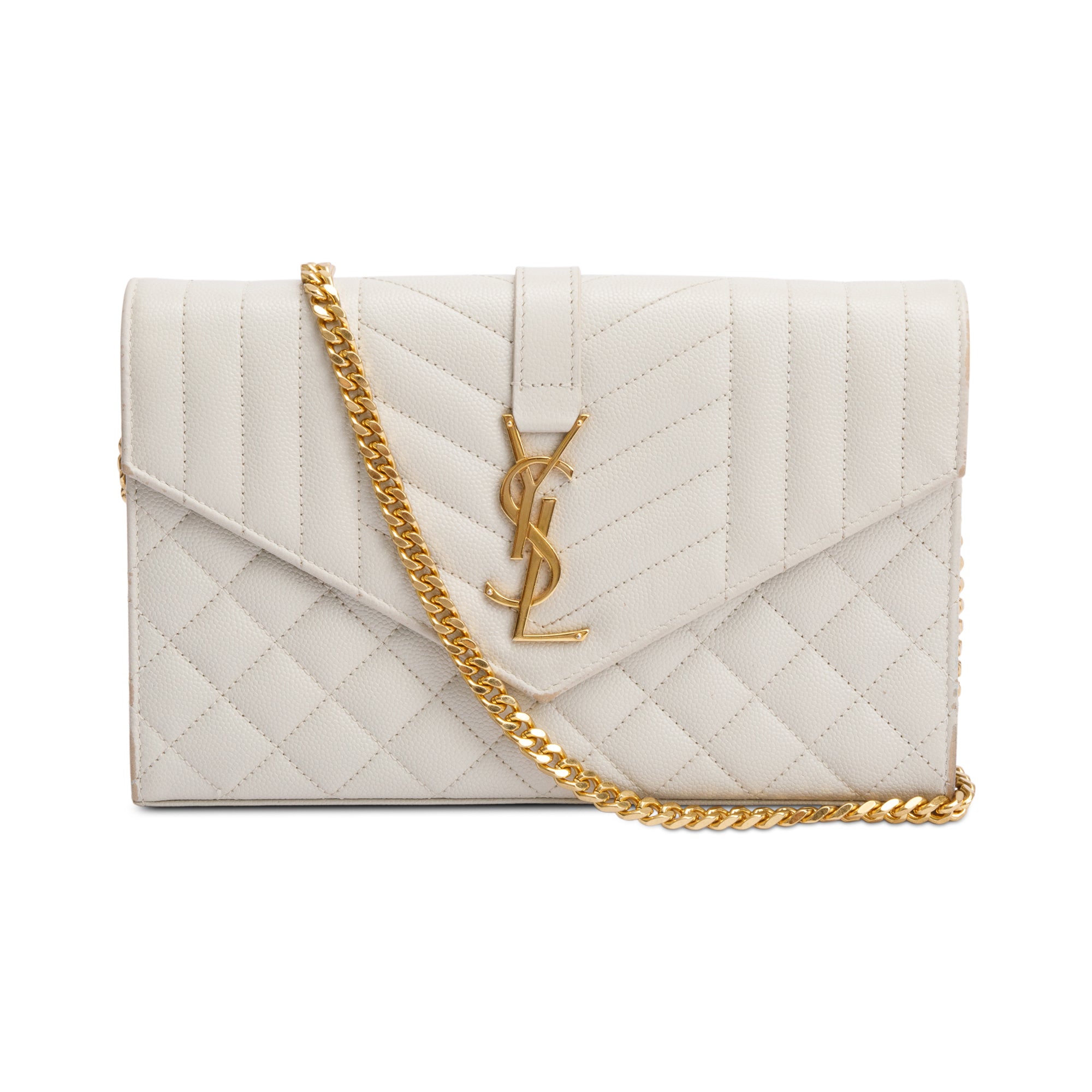 Saint Laurent White Mix Matelasse Grain De Poudre Leather Envelope Chain Wallet