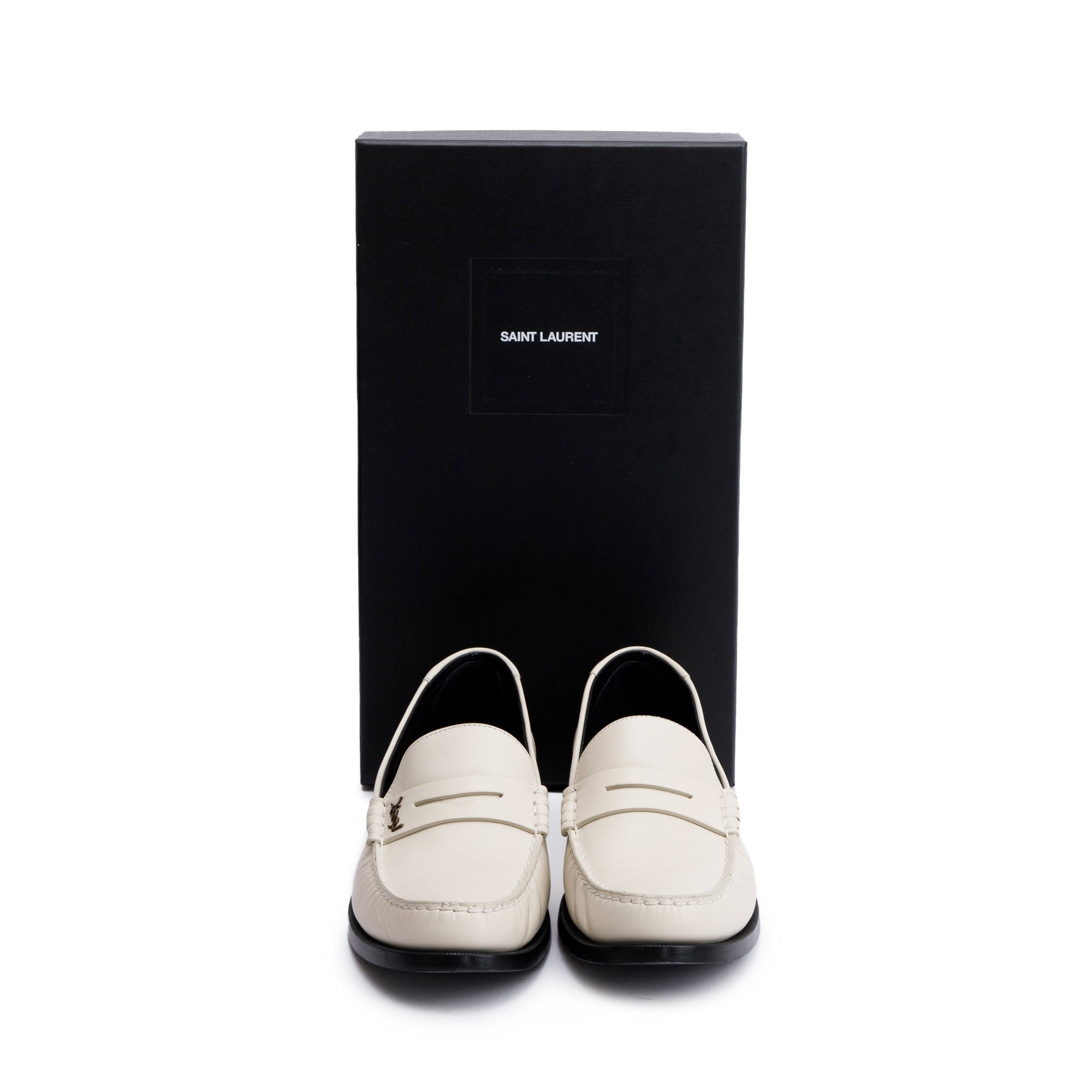 Saint Laurent White Smooth Leather Le Loafer Penny Shoes, Size 44 w/ Box