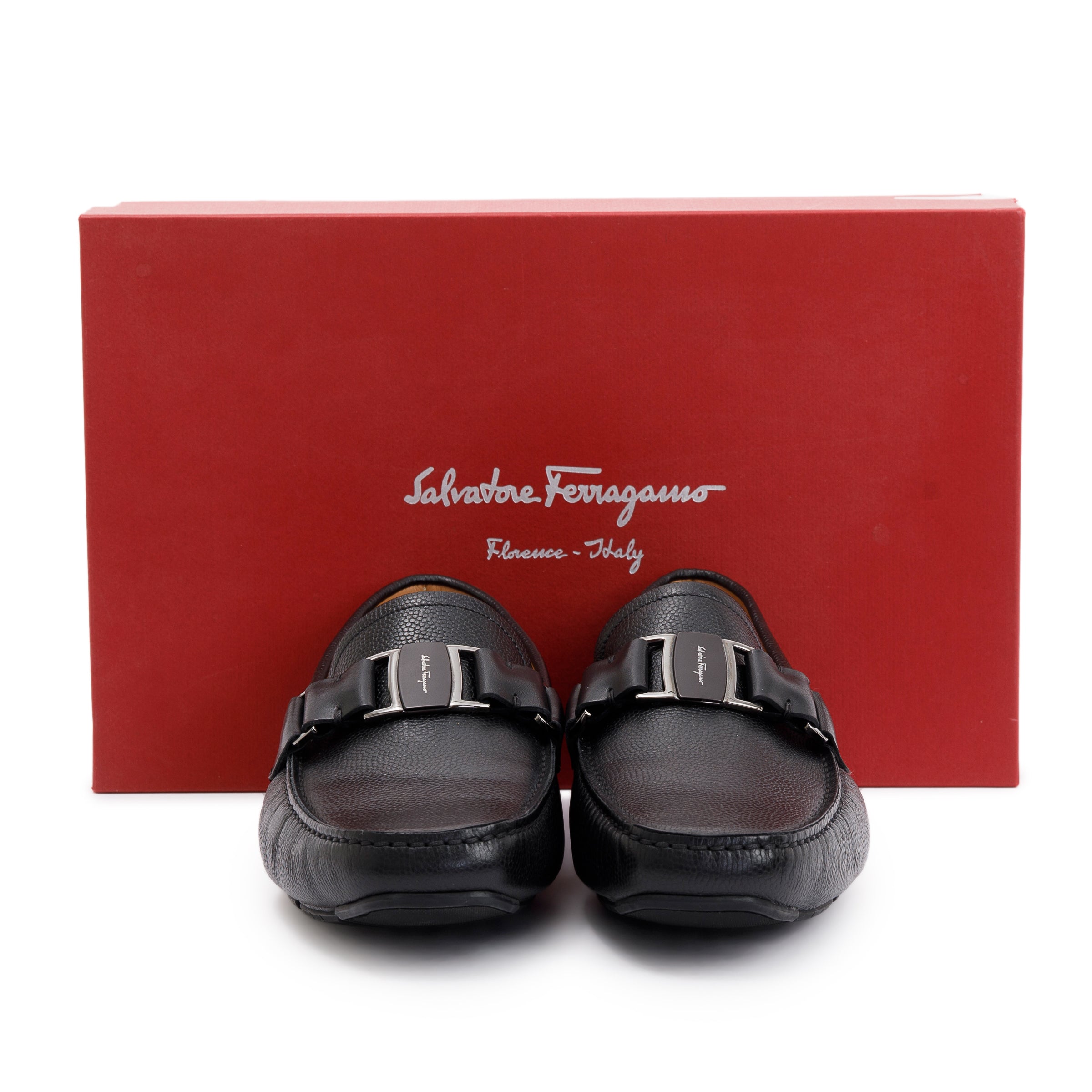 Salvatore Ferragamo Black Leather Drivers Loafers, Size 7.5 w/ Box