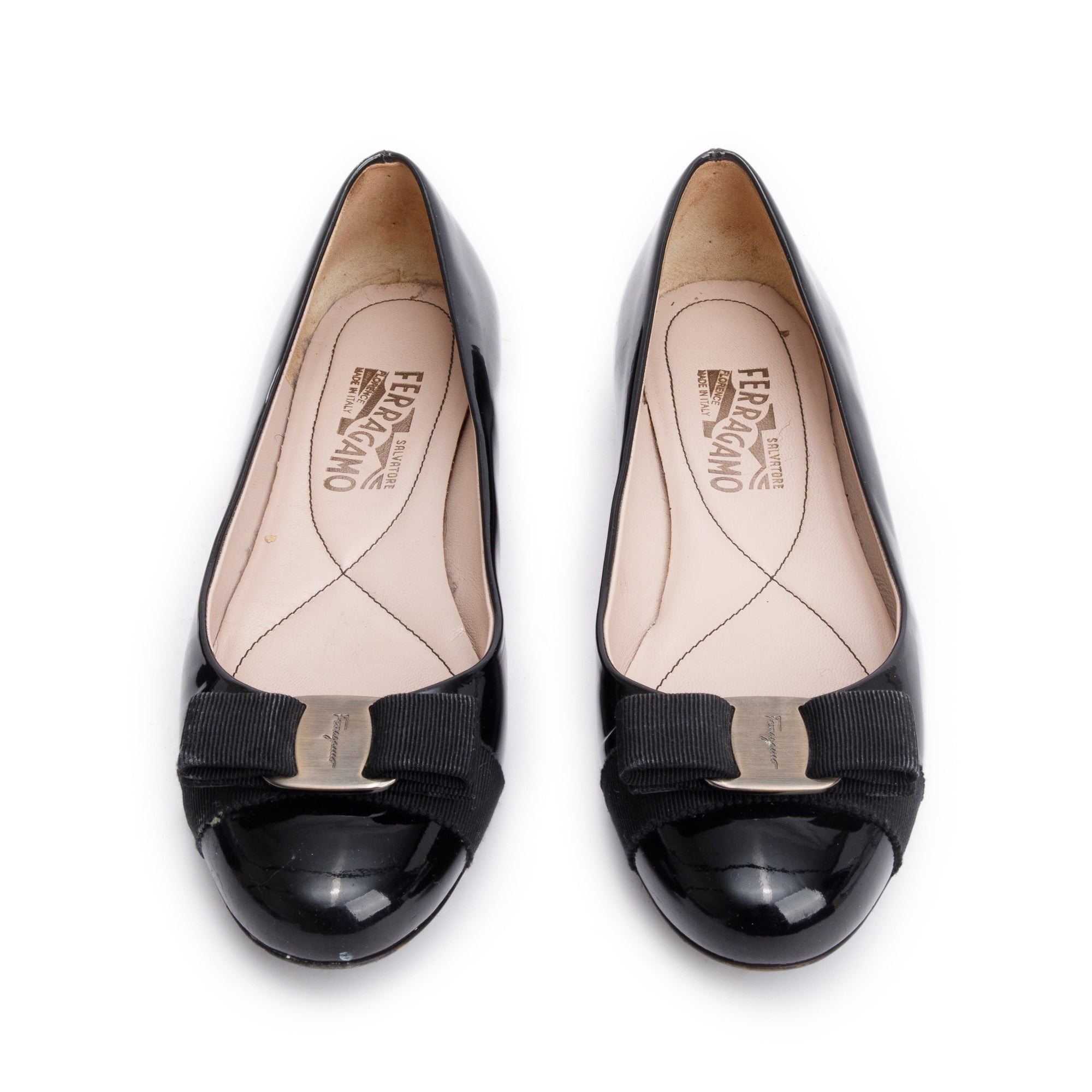 Salvatore Ferragamo Black Patent Leather Vara Bow Ballet Flats, Size 7.5