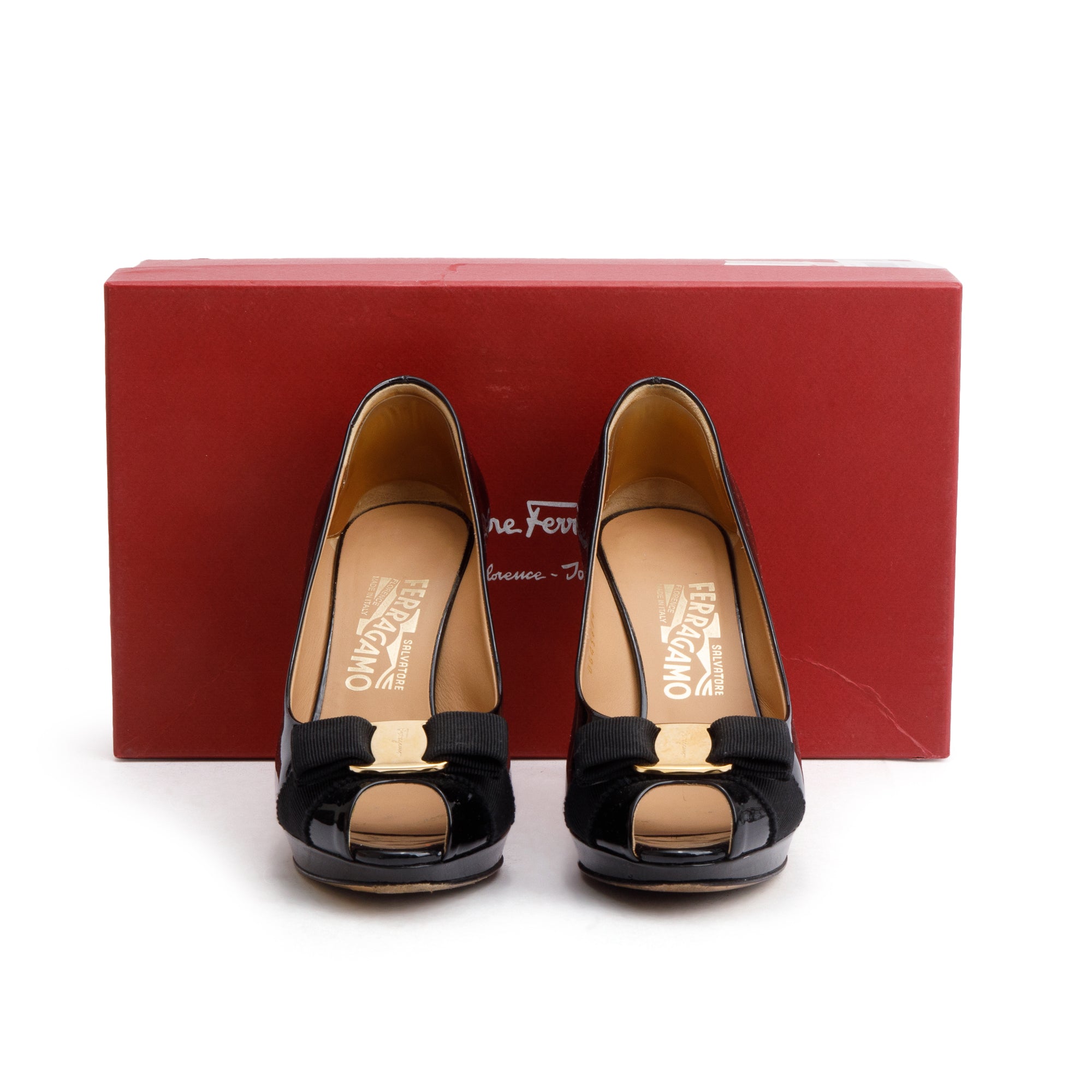Salvatore Ferragamo Black Patent Leather Vara Double Bow Talia Pumps, Size 6.5 w/ Box