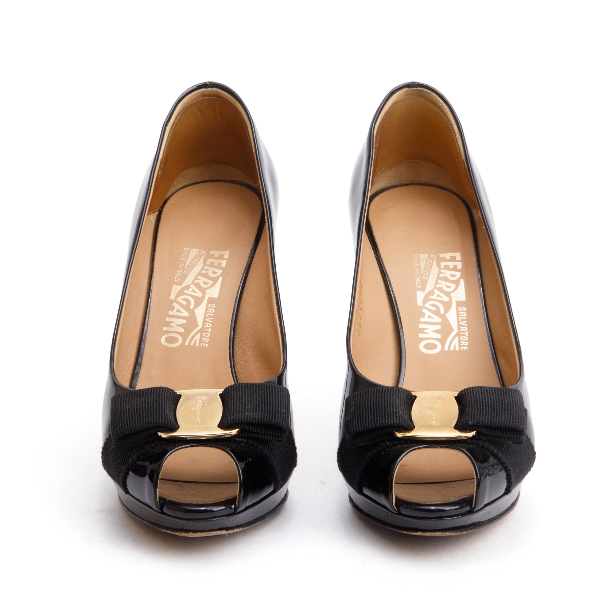 Salvatore Ferragamo Black Patent Leather Vara Double Bow Talia Pumps, Size 6.5 w/ Box