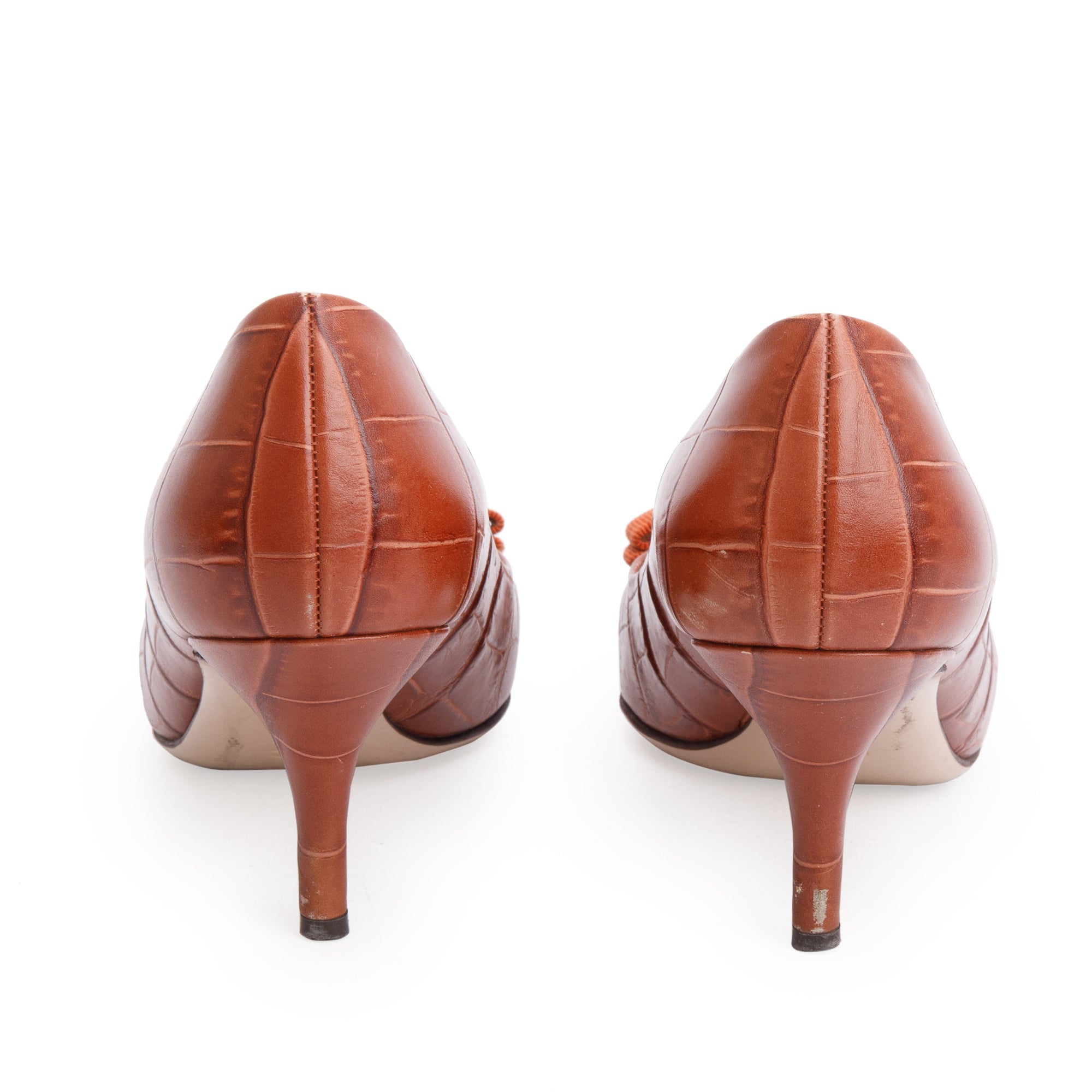 Salvatore Ferragamo Brown Croc-Embossed Leather Vara Bow Pumps, Size 6