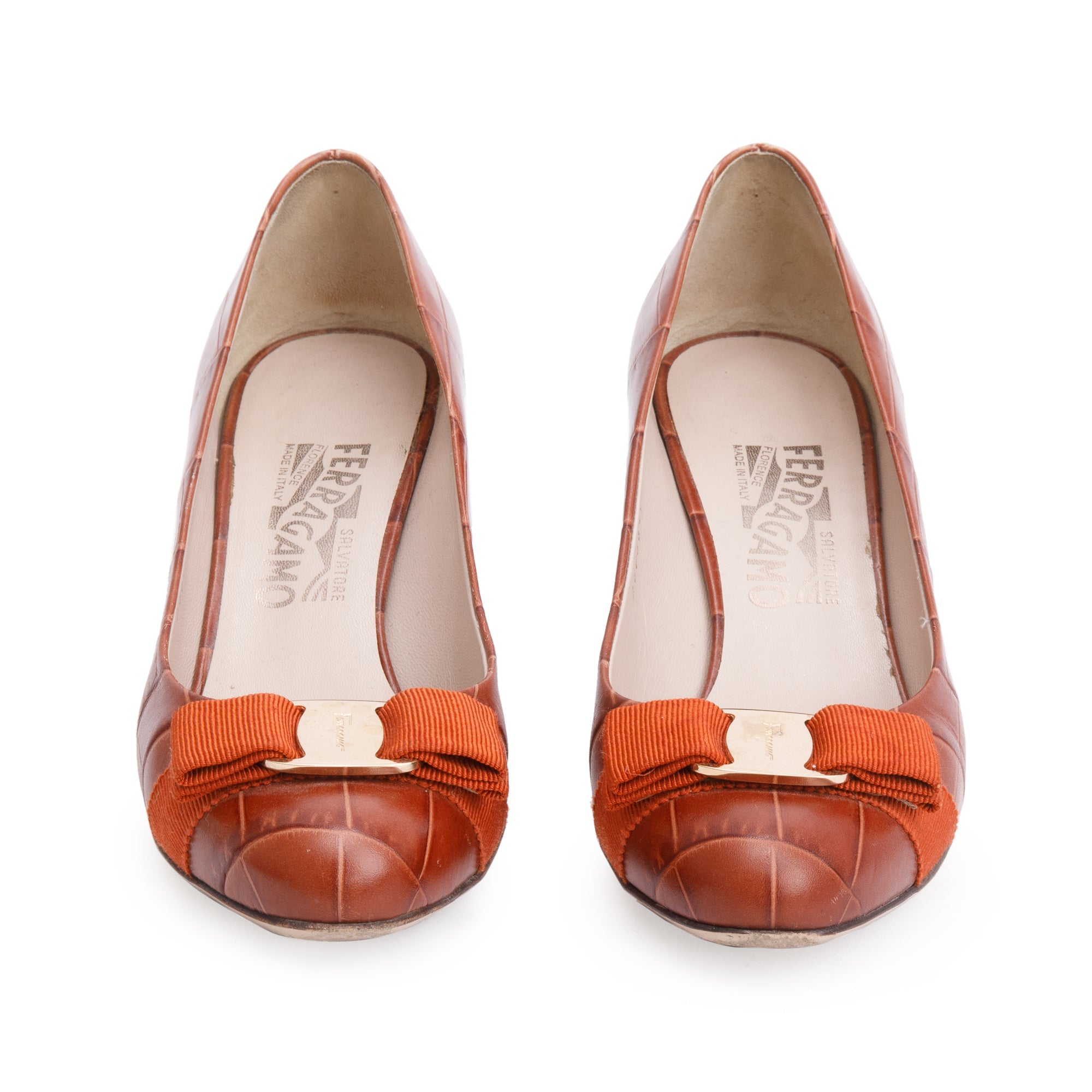 Salvatore Ferragamo Brown Croc-Embossed Leather Vara Bow Pumps, Size 6