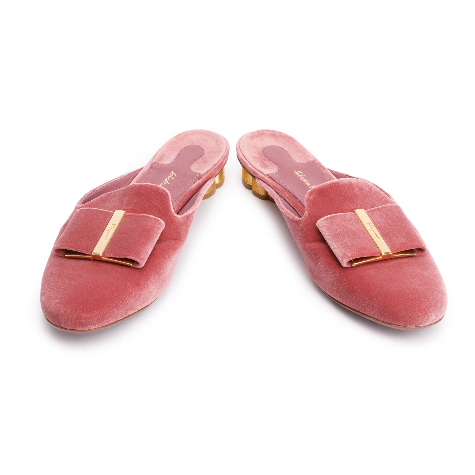 Salvatore Ferragamo Pink Velvet Vara Bow Accent Mules Size 8.5