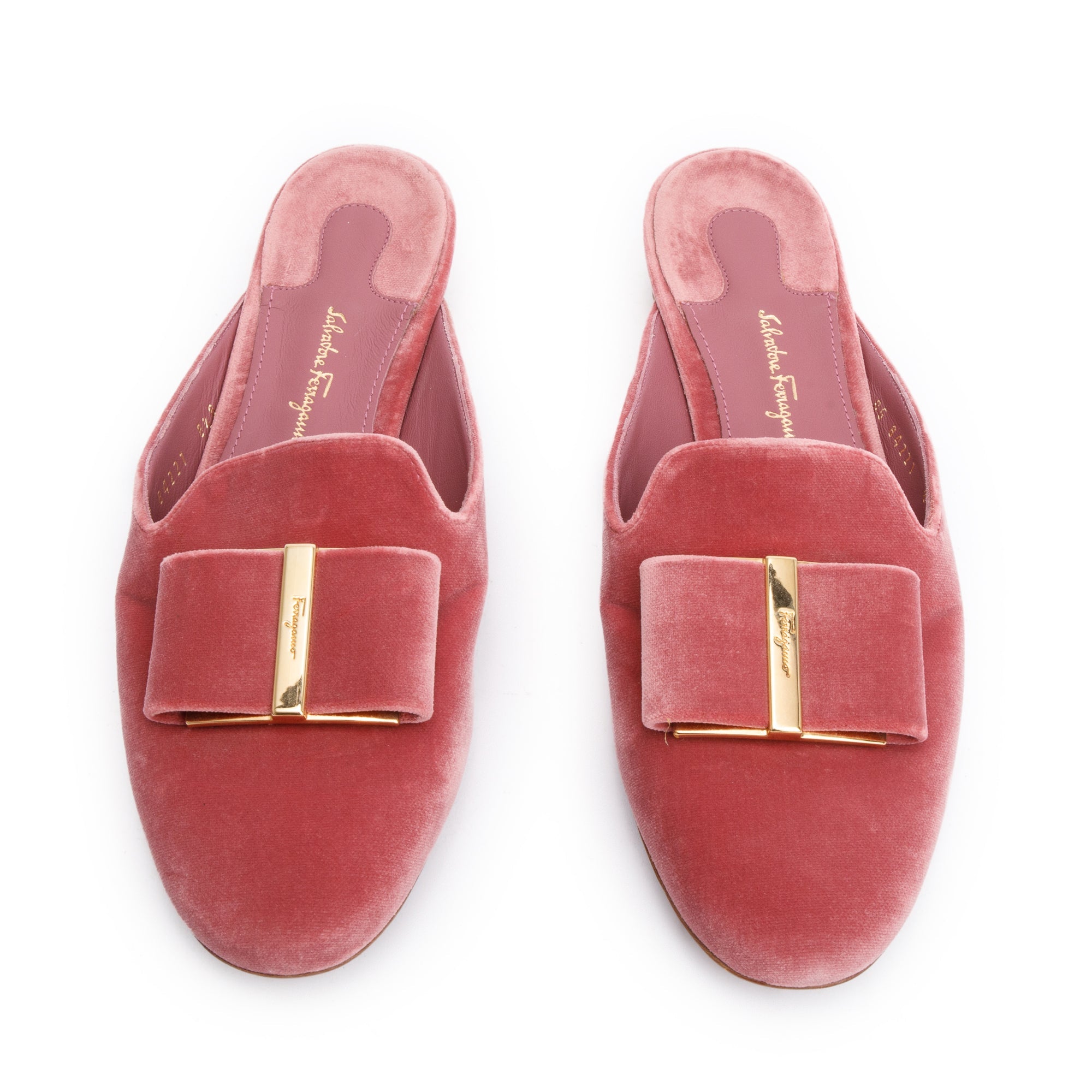 Salvatore Ferragamo Pink Velvet Vara Bow Accent Mules Size 8.5