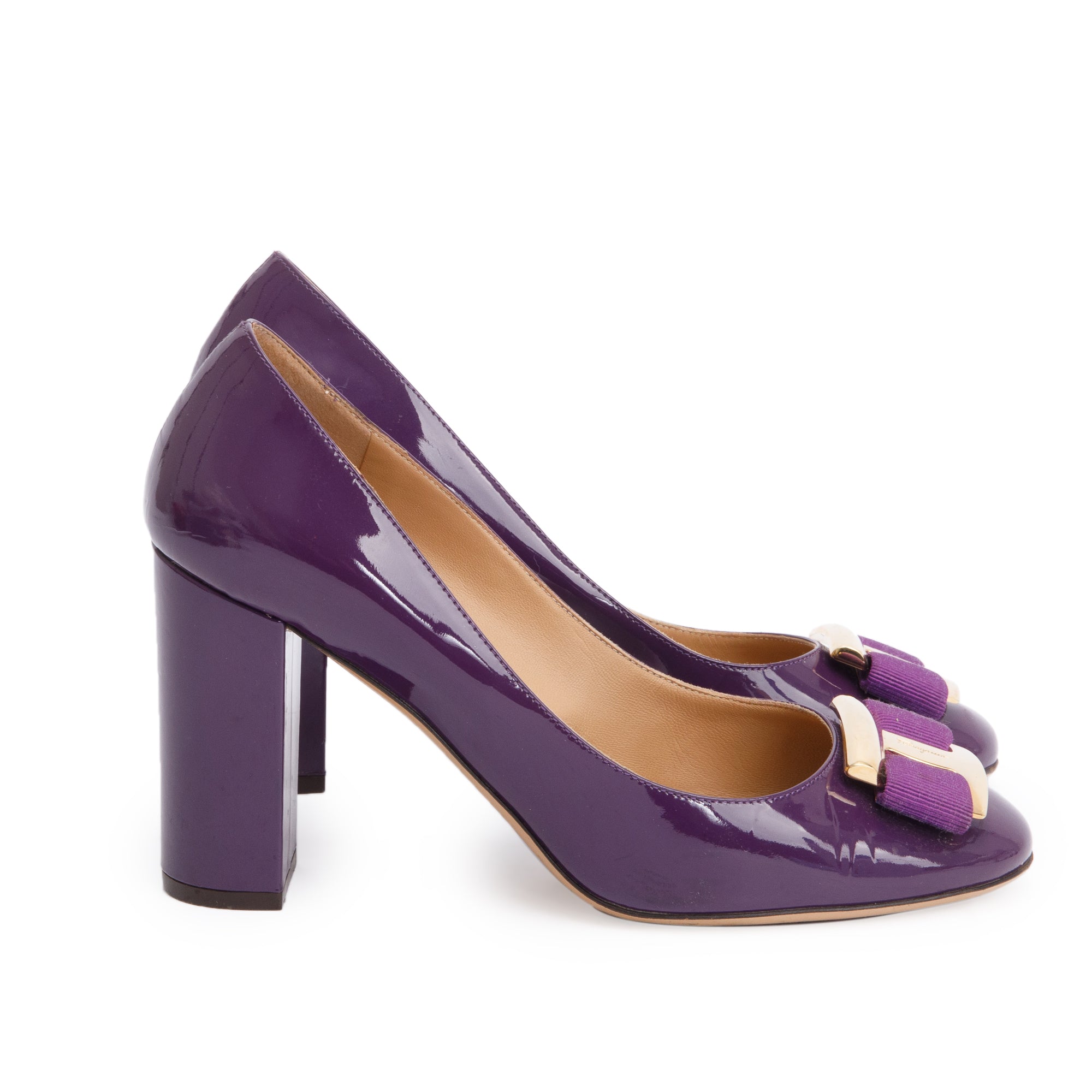 Salvatore Ferragamo Purple Patent Leather Vara Bow Pumps, Size 8