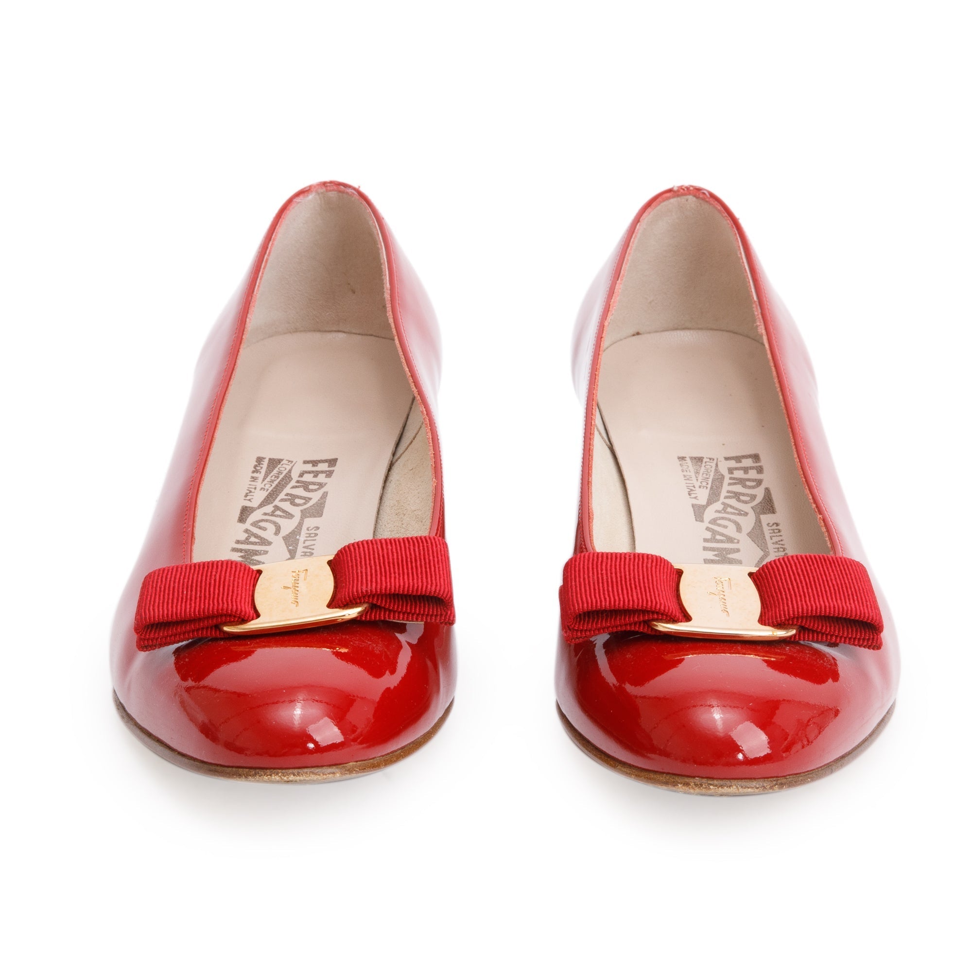 Salvatore Ferragamo Red Patent Leather Vara Double Bow Pumps, Size 6
