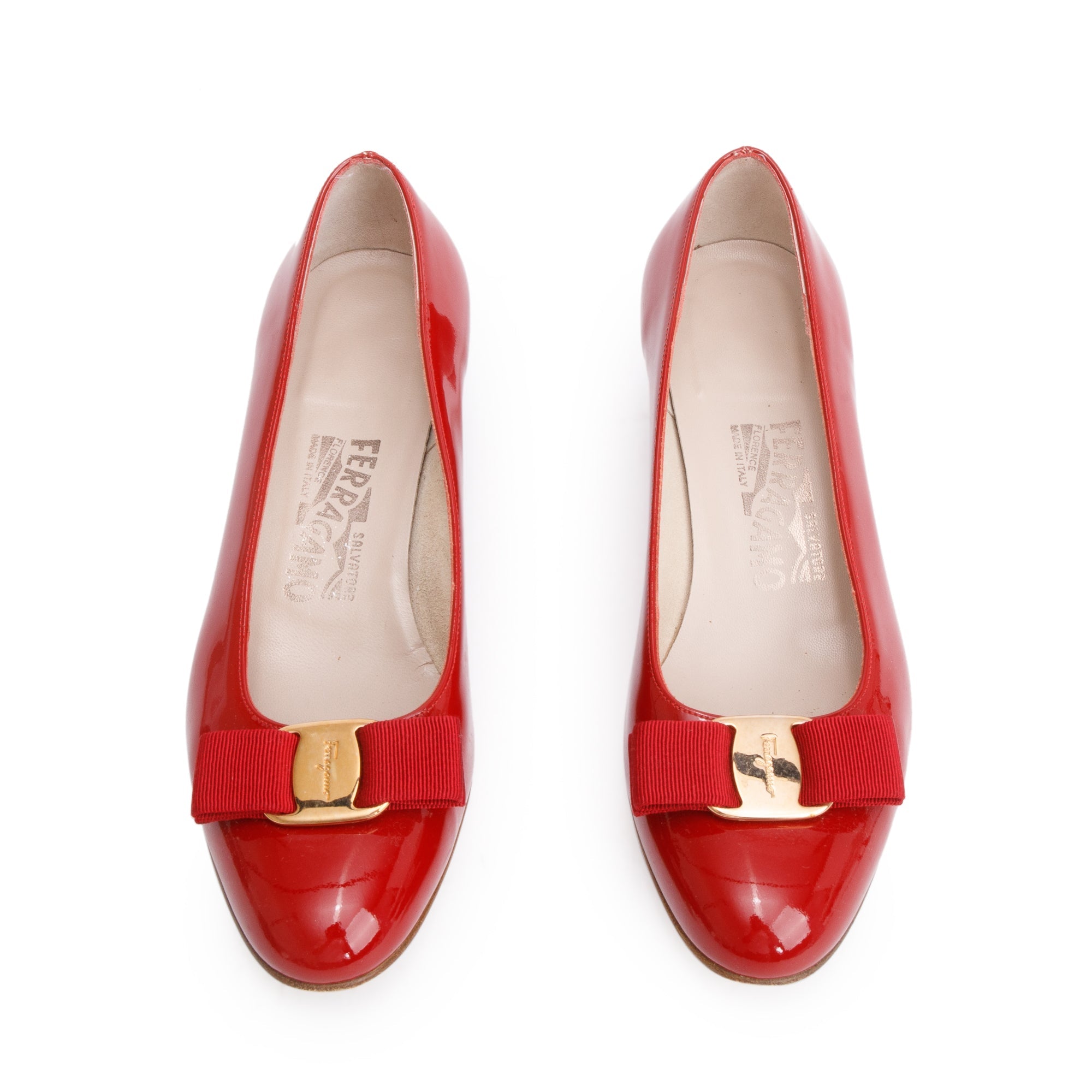 Salvatore Ferragamo Red Patent Leather Vara Double Bow Pumps, Size 6