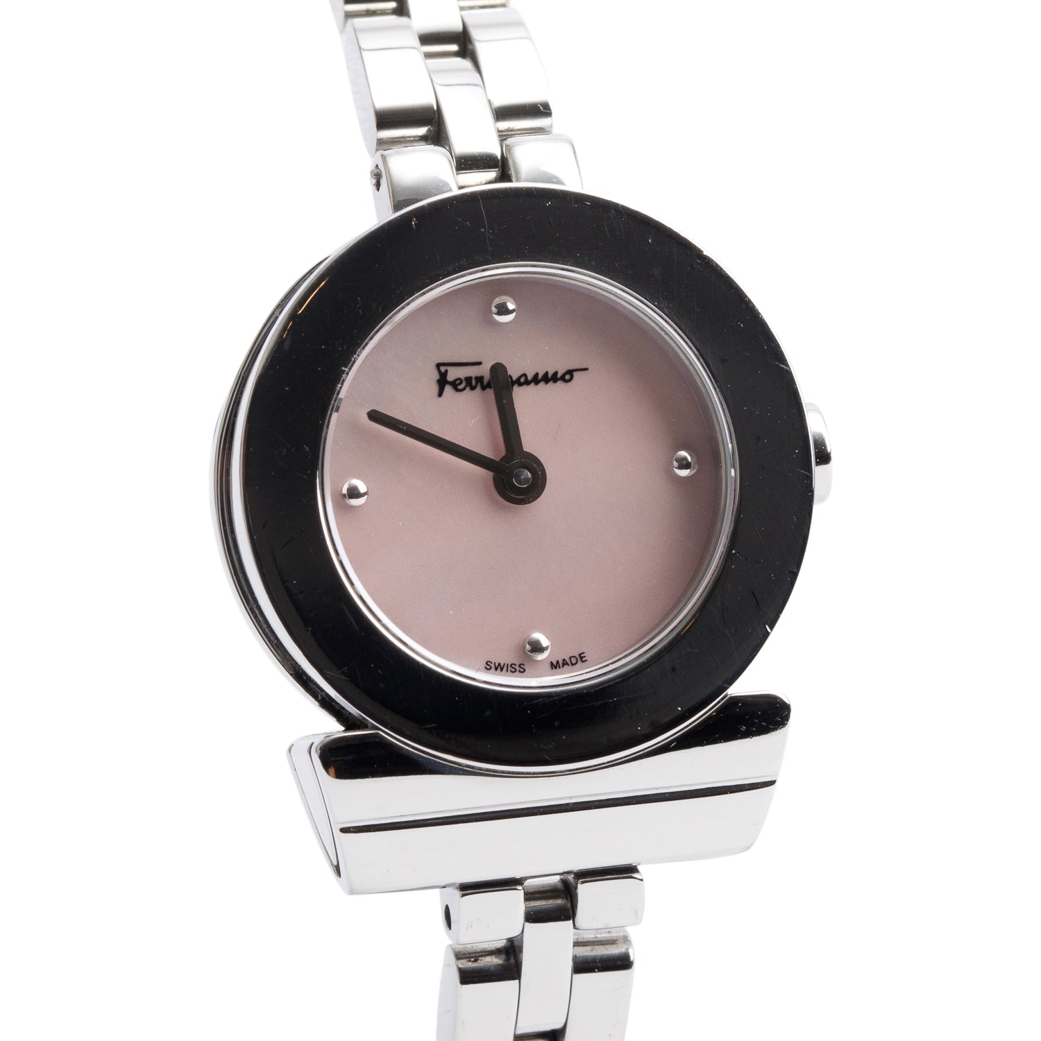 Salvatore Ferragamo Stainless Steel Gancino Watch Pink Dial w/ Box & Papers