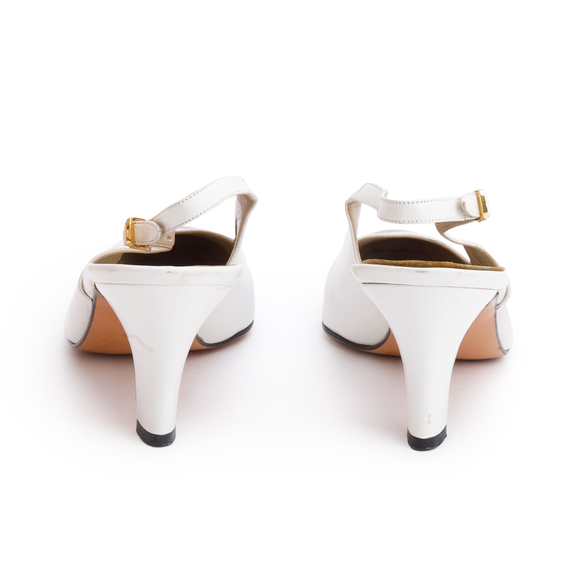Salvatore Ferragamo White & Black Leather Slingback Pumps, Size 10