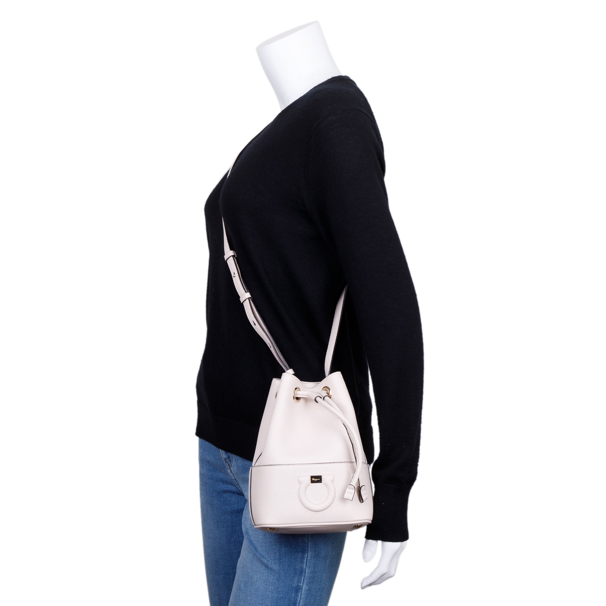 Salvatore Ferragamo White Calfskin Leather Gancini Bucket Bag